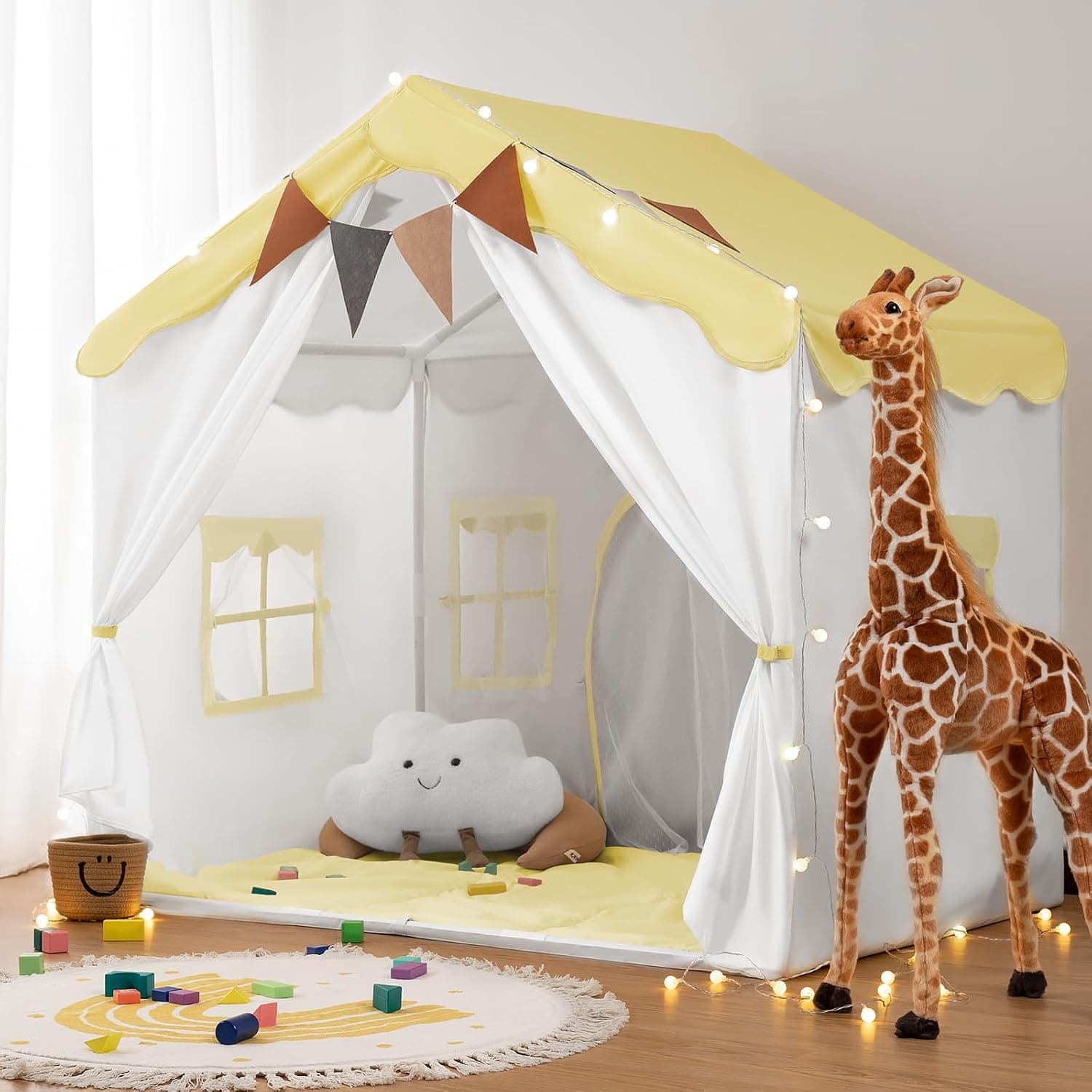 besrey Tienda de Campaña Infantil 2 en1 con Alfombra Acolchada, Luces y Banderas, Casita Infantil Tela de Juegos con 2 Puertas y 4 Ventanas, Cabañas para Niños (Amarillo)