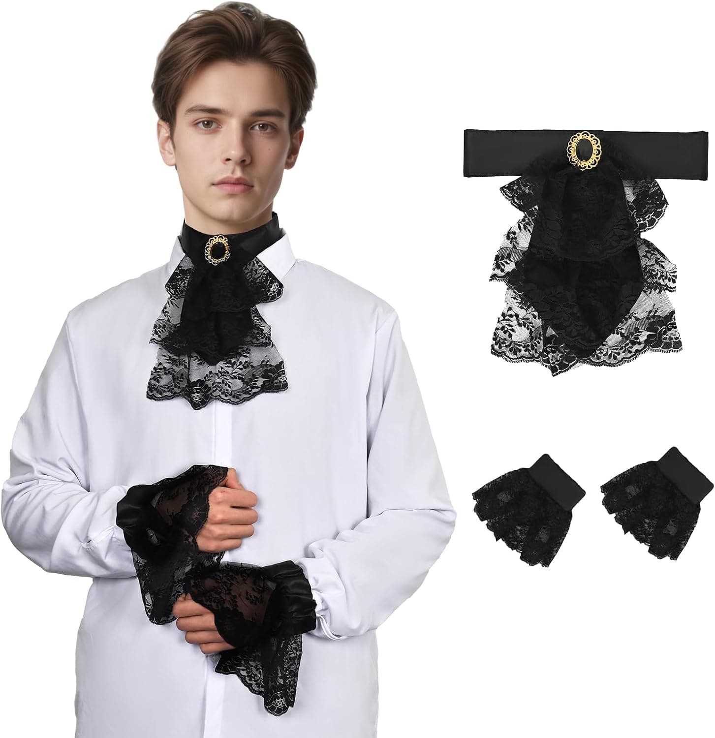 Jabot de encaje victoriano con volantes de encaje, 3 piezas, color blanco, juego de accesorios para Halloween y carnaval