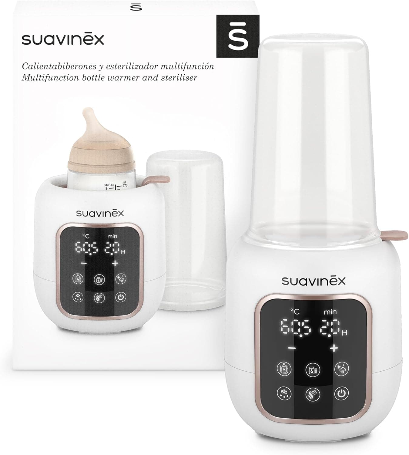Suavinex, Calientabiberones y Esterilizador 2 en 1, Esteriliza Biberones y Chupetes, Calienta y Descongela Biberones, Leche Materna y Potitos, con Modo Rápido y Apagado Automático, Fácil de Usar