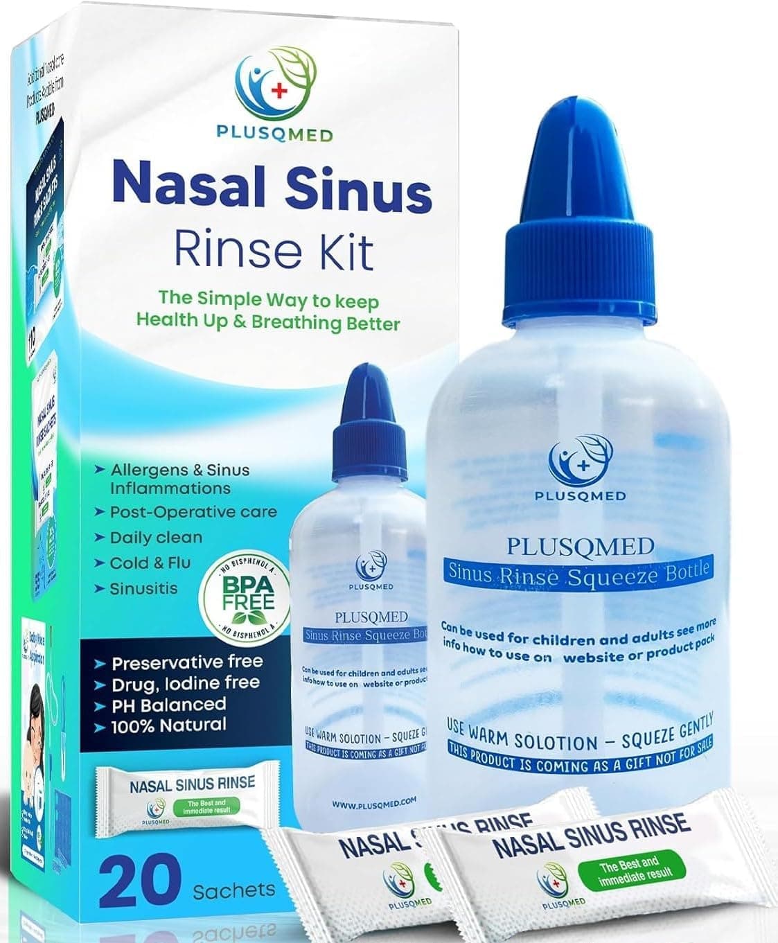 Kit de enjuague sinusal, botella con exprimidor, olla Neti, +20 sobres de sal, Plusqmed original, lavado nasal, enjuague sinusal, para adultos y niños, ducha nasal para limpieza de la nariz y lavado
