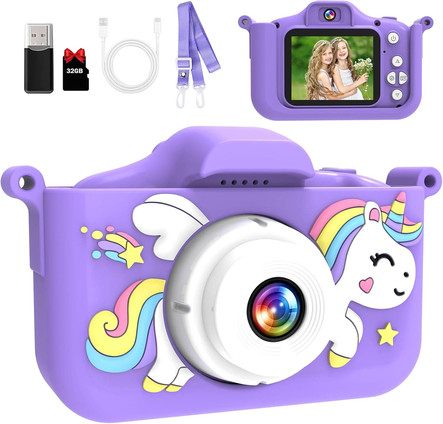 Camara Fotos Infantil, 1080P HD Selfie Video Camara para Niños, Unicorn Cámara Fotos Niños Juguete con Incluye Tarjeta de 32GB y Lector, Niñas en Navidad y Cumpleaños(Purple)