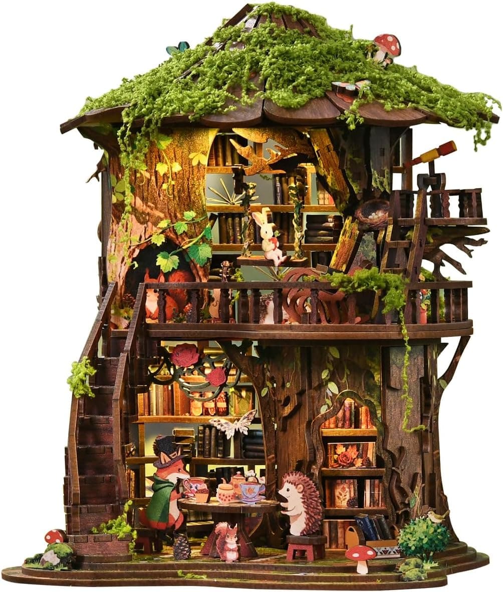 DIY Book Nook-Forest Tea Buchclub de Libros de Madera y Rompecabezas 3D con luz LED, Juego de Manualidades para Adultos, Mini Libro Nook, Regalos de cumpleaños de Navidad