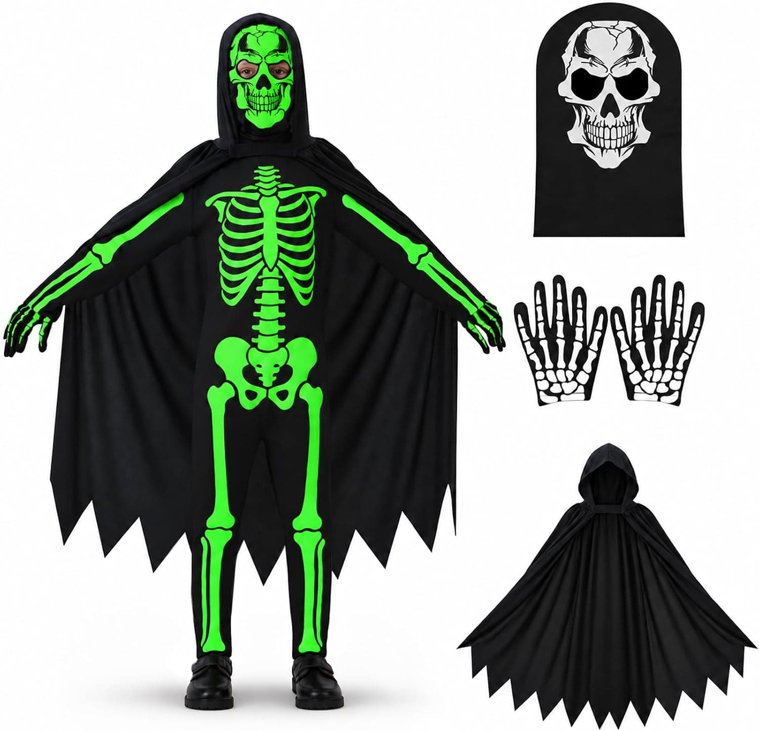 Disfraz Esqueleto Niño, Disfraz Halloween Niño Mono Fluorescente con Capa, Guantes y Capucha – Disfraces Halloween Niños 4-12 Años para Fiestas de Disfraces y Carnaval