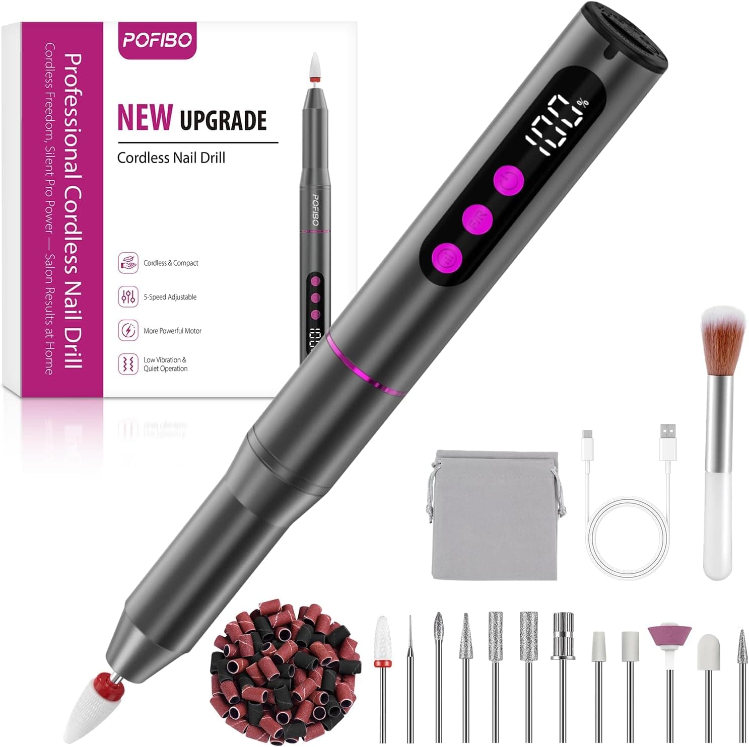 POFIBO Torno para Uñas Profesional 35000 RPM USB, Set de Manicura 12 en 1