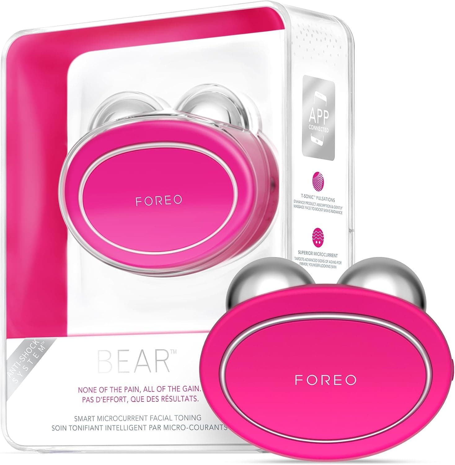 FOREO BEAR Masajeador facial eléctrico de microcorrientes - Define el contorno de la mandíbula - Lifting facial no invasivo - Anti arrugas - Seguro e indoloro - Fuchsia