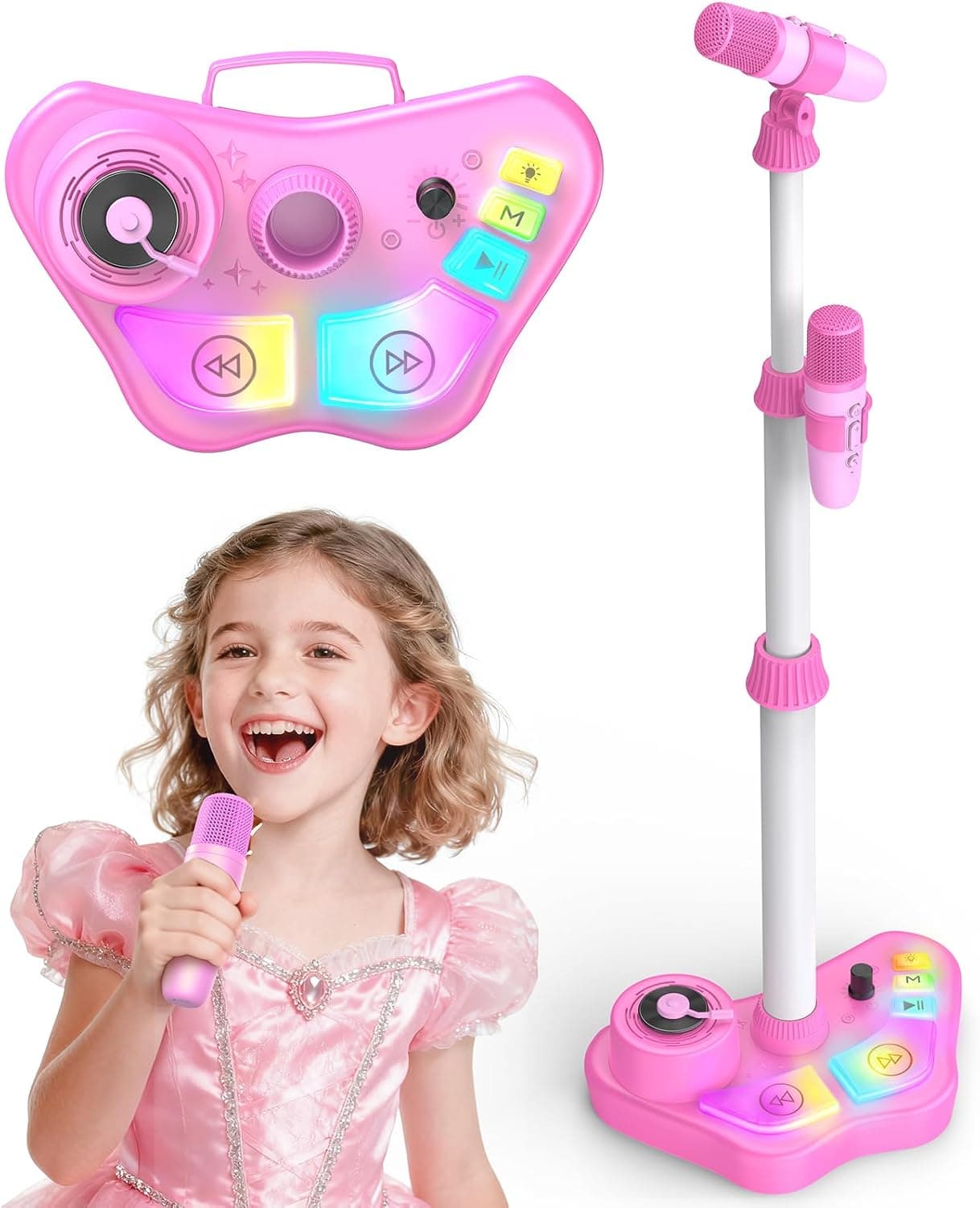 Dislocati Micrófono Karaoke para Niños con Soporte, 2 Micrófonos Inalámbricos, Altura Ajustable 47-108 cm, Luz LED, Bluetooth, Regalo Juguete Musical Seguro para Niñas 3+ Años