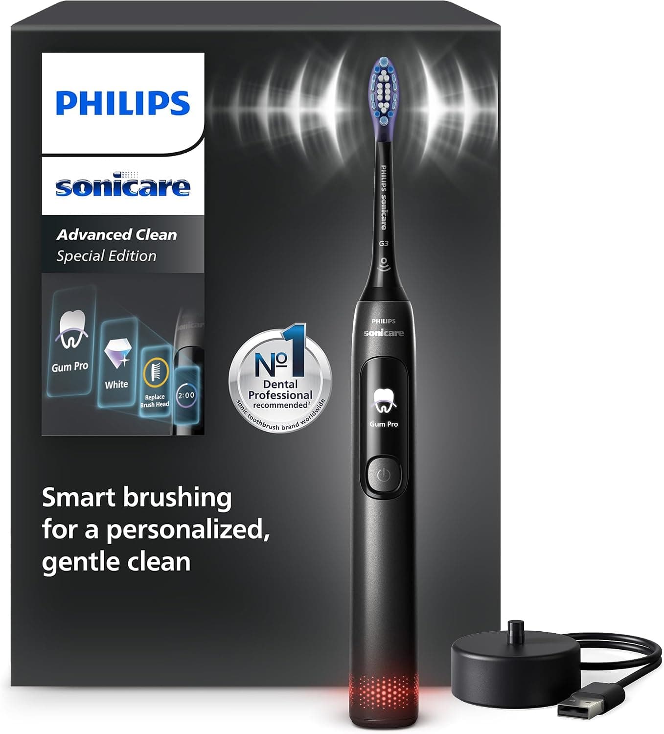 Philips Sonicare AdvancedClean Limited Edition, Cepillo de dientes eléctrico - Smart Screen, sensor de presión, recambio del cabezal de cepillado, 5 modos de cepillado y SmarTimer, negro, HX3792/11