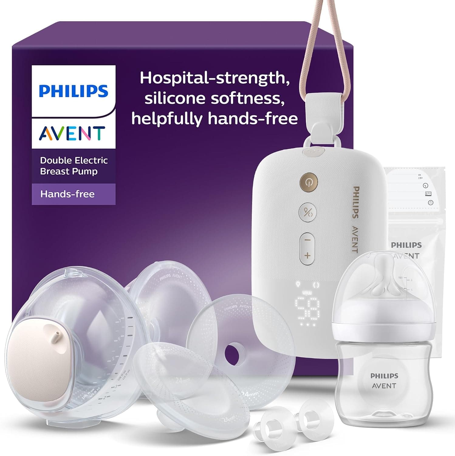 Philips Avent extractor de leche eléctrico doble manos libres, motor con gran capacidad de succión, imita el ritmo de ingesta del bebé, bombea hasta 85 veces por minuto, 4 cojines, SCF547/11