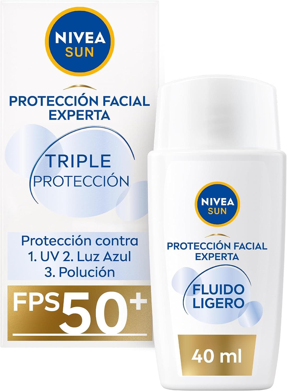 NIVEA SUN Crema solar Facial Triple Protección FP50+ con ácido hialurónico (40 ml), protector solar 50 facial ultraligero hidratante, protección solar contra UV, luz azul y polución