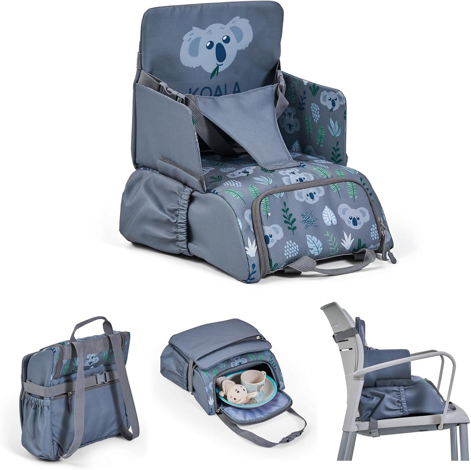 MS BabyWorld - Booster Bag | Elevador de Viaje Portátil 2 en 1 con Arnés de 5 Puntos | Mochila Convertible en Bandolera | Bolsillos exteriores | Espacio para Utensilios interior (Koala)