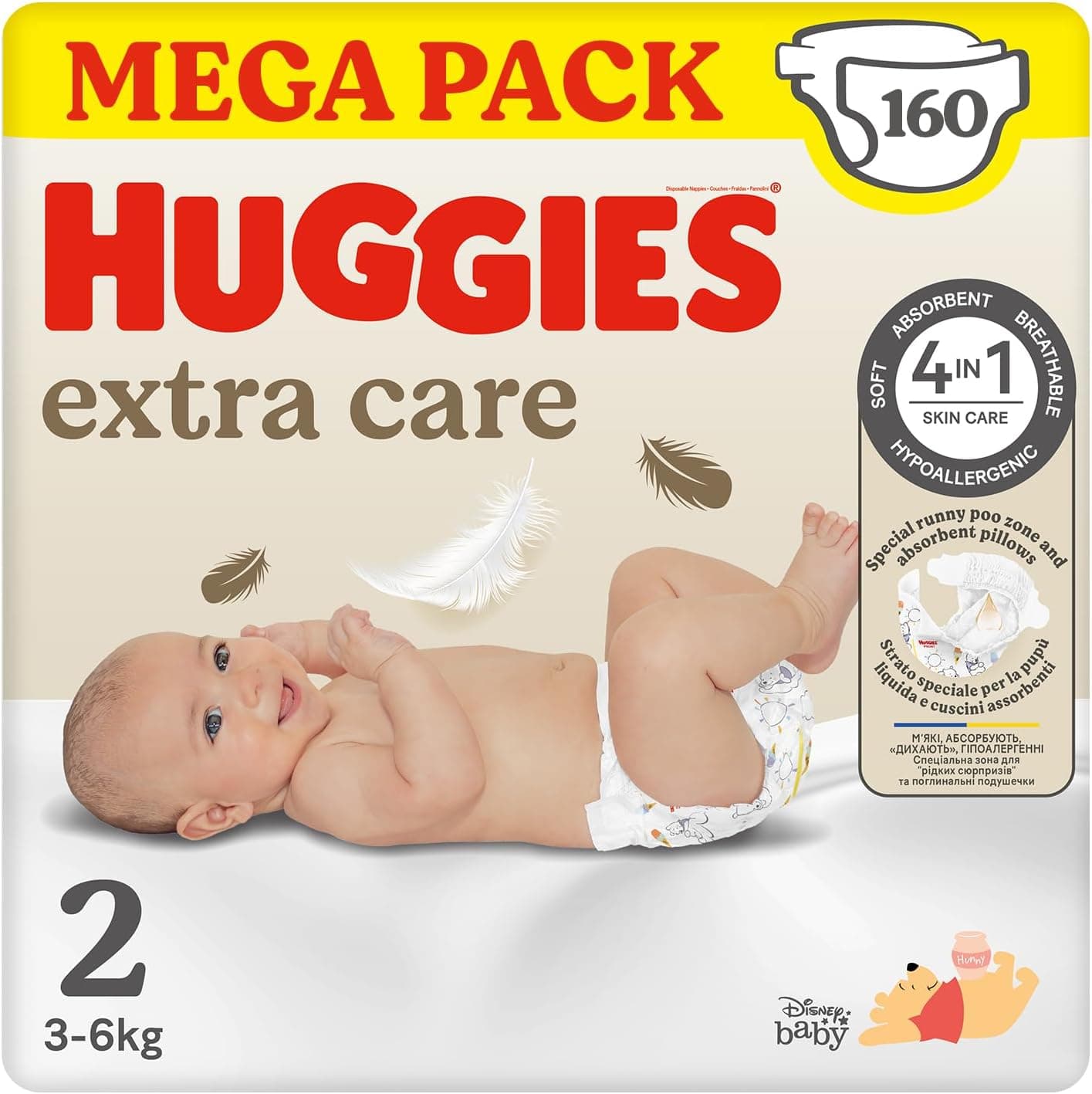 Huggies Extra Care Pañales para Recién Nacido con diseños Disney Talla 2 (3-6 kg) 160 pañales, con almohadillas suaves y 2 zonas absorbentes