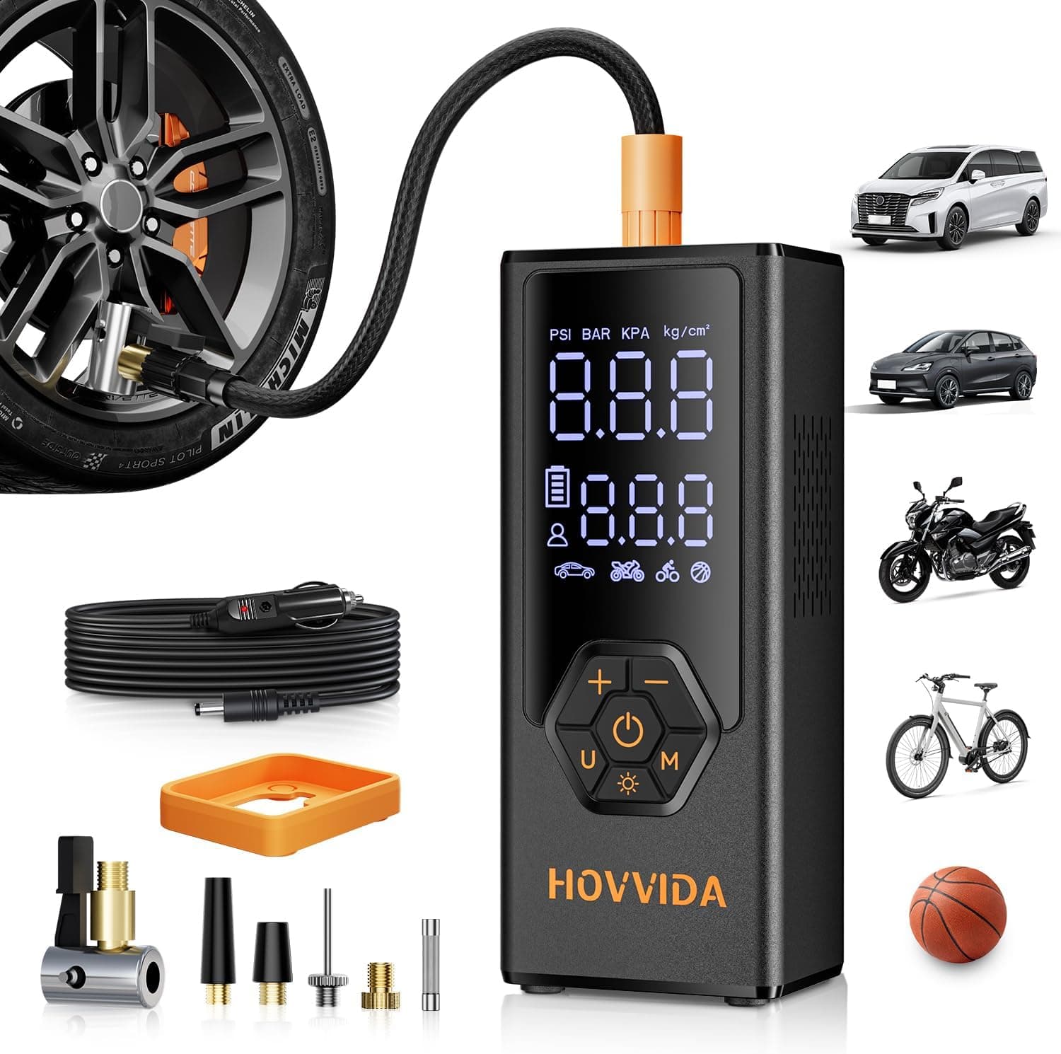 HOVVIDA Inflador Ruedas Coche, Compresor Aire Portatil, Batería de 7800 mAh, 12 V DC, 10,3 Bar, 40 L/min, Inflado Rápido, Hinchador Ruedas Coche para MPV, SUV, Coche, Motocicleta, Bicicleta, Pelota