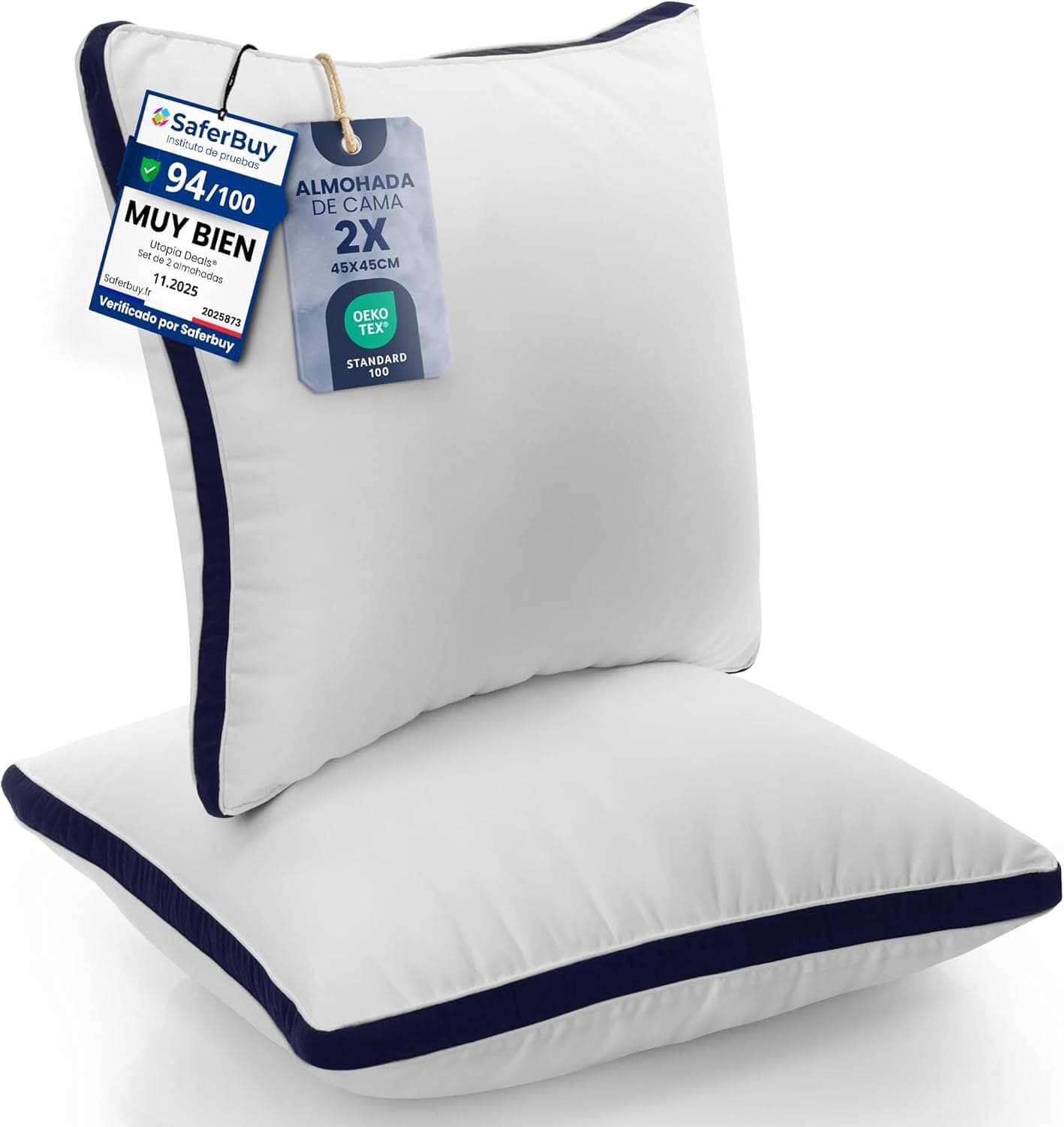 Utopia Bedding Almohada 45 x 45 cm Pack de 2, Microfibra, Azul Marino