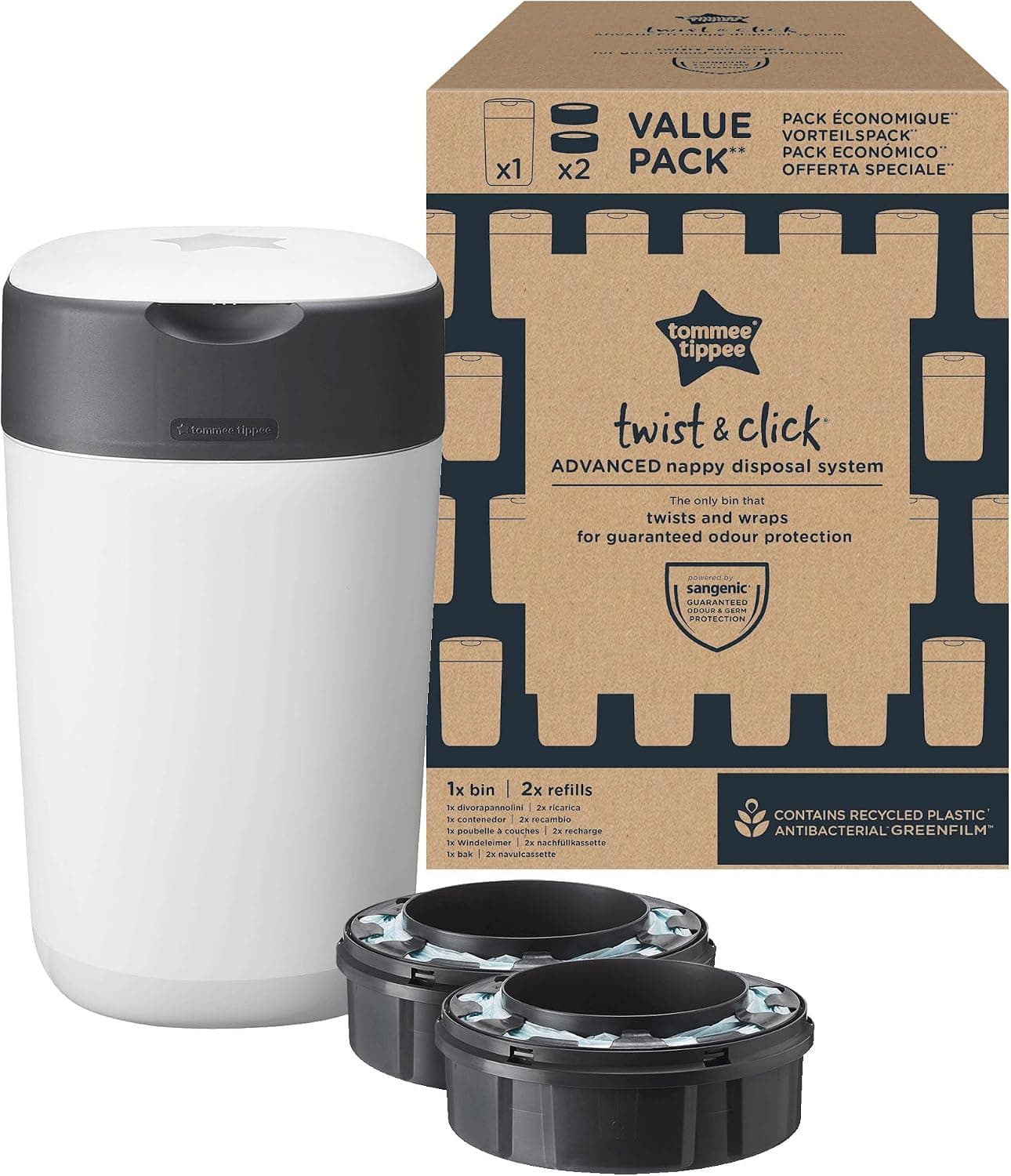Tommee Tippee Contenedor de Pañales Twist & Click, Paquete Exclusivo con 2 Cartuchos de Recambio (1 Precargado y 1 Extra), Protección Garantizada Contra Olores y Gérmenes, el Paquete Puede Variar