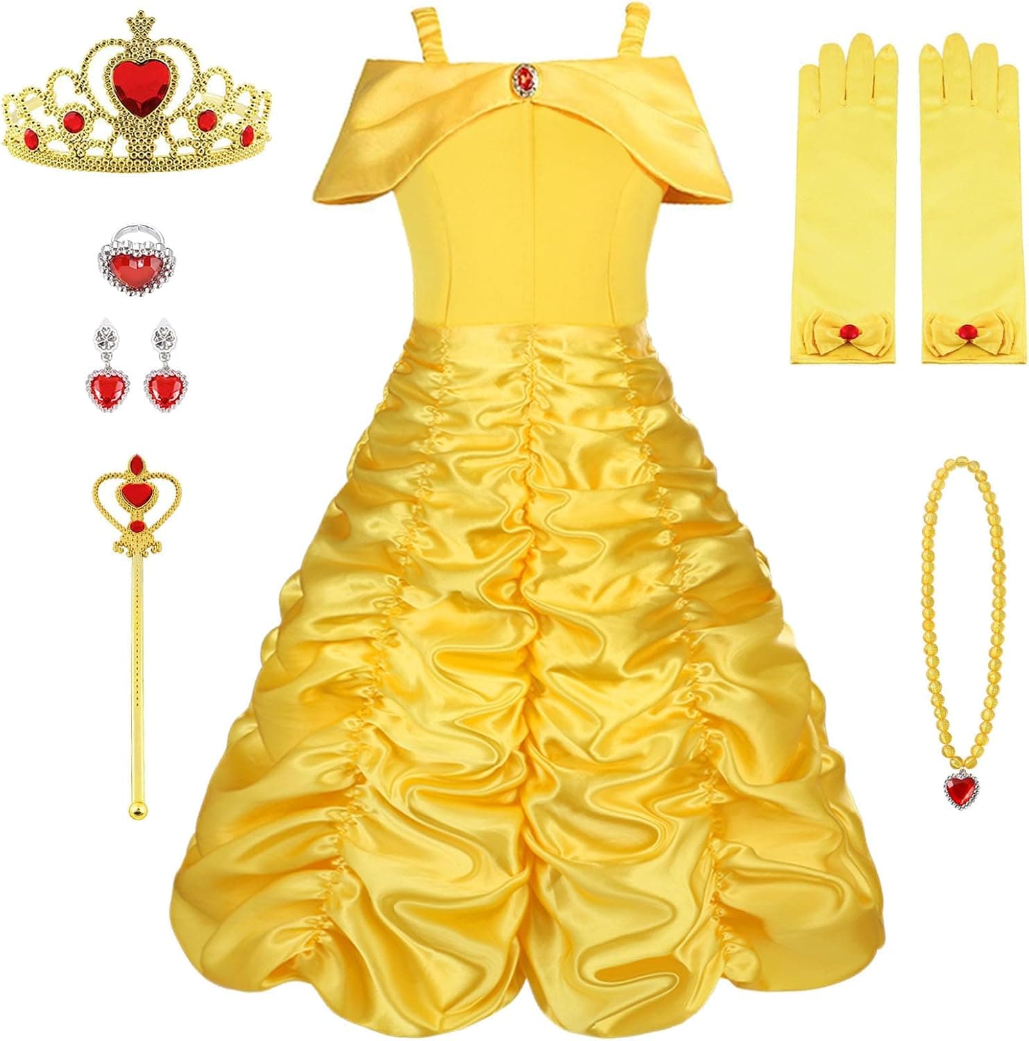 Vicloon Vestido de Princesa Bella, Disfraz Princesa Bella Niña con Corona, Varita, Aretes, Collar, Anillo y Guantes, Disfraz Belle y Accesorios para Fiesta Cosplay, Navidad