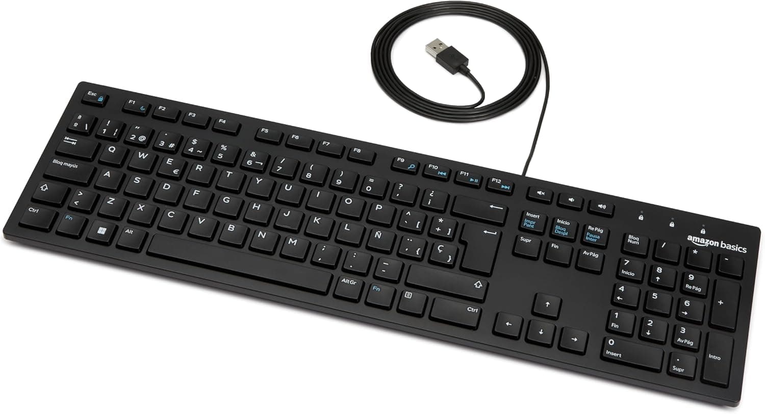 Amazon Basics Teclado con Cable USB y Base Fina, diseño español, Negro Mate