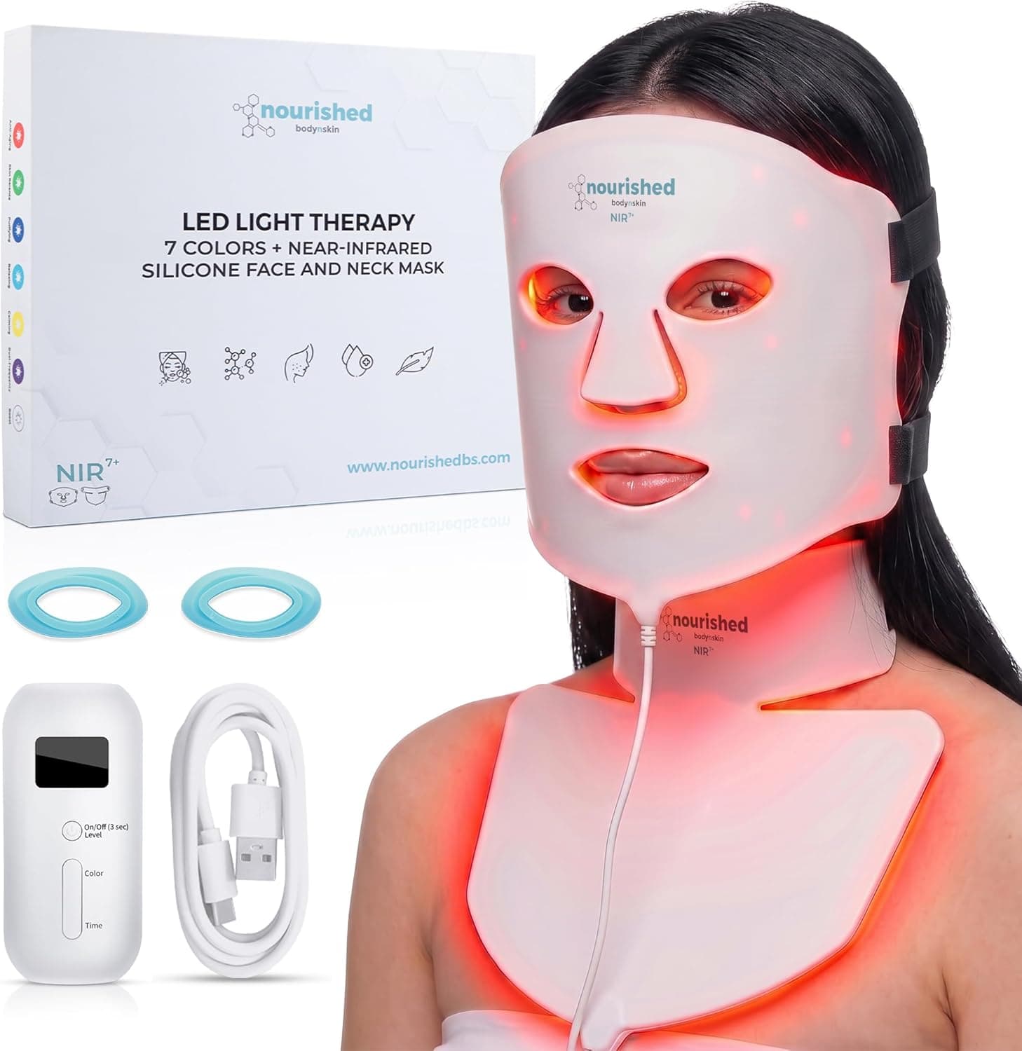 Nourished Bodynskin Máscara LED de 7 Colores para Cara y Cuello con Infrarrojo Cercano - Terapia de Luz Azul y Roja para la Cara - 912 LED - Herramienta de Cuidado de la Piel para Anti-Envejecimiento