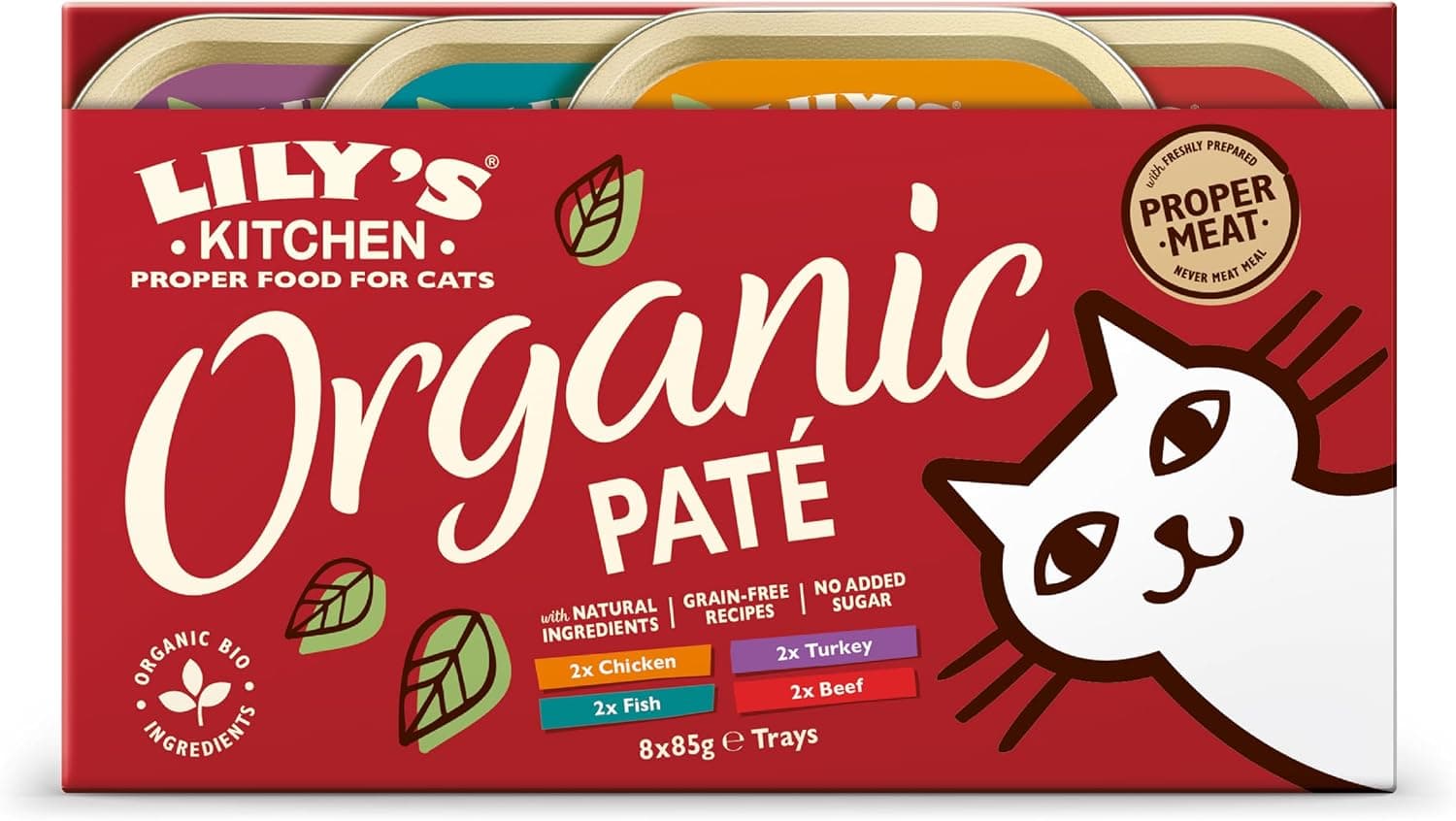Lily's Kitchen Elaborado con ingredientes naturales bandejas con paquetes de alimento húmedo para gatos adultos paté orgánico receta sin cereales 4 x (8 x 85g)