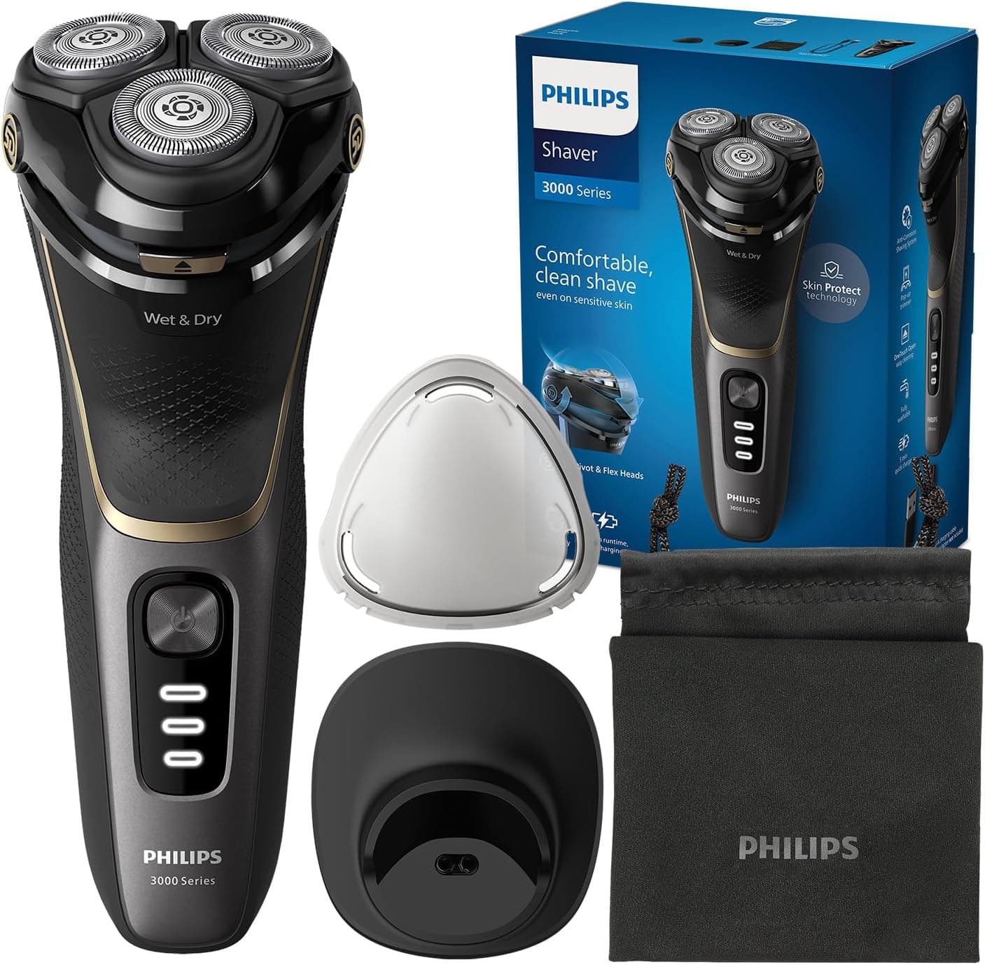 Philips Serie 3000 Afeitadora Eléctrica Hombre, Máquina de Afeitar Barba con Cortapatillas, 27 cuchillas, Cuida la piel, 60min de uso, En Seco y Húmedo, Recargable, Funda, Base Carga, S3342/13, Negro