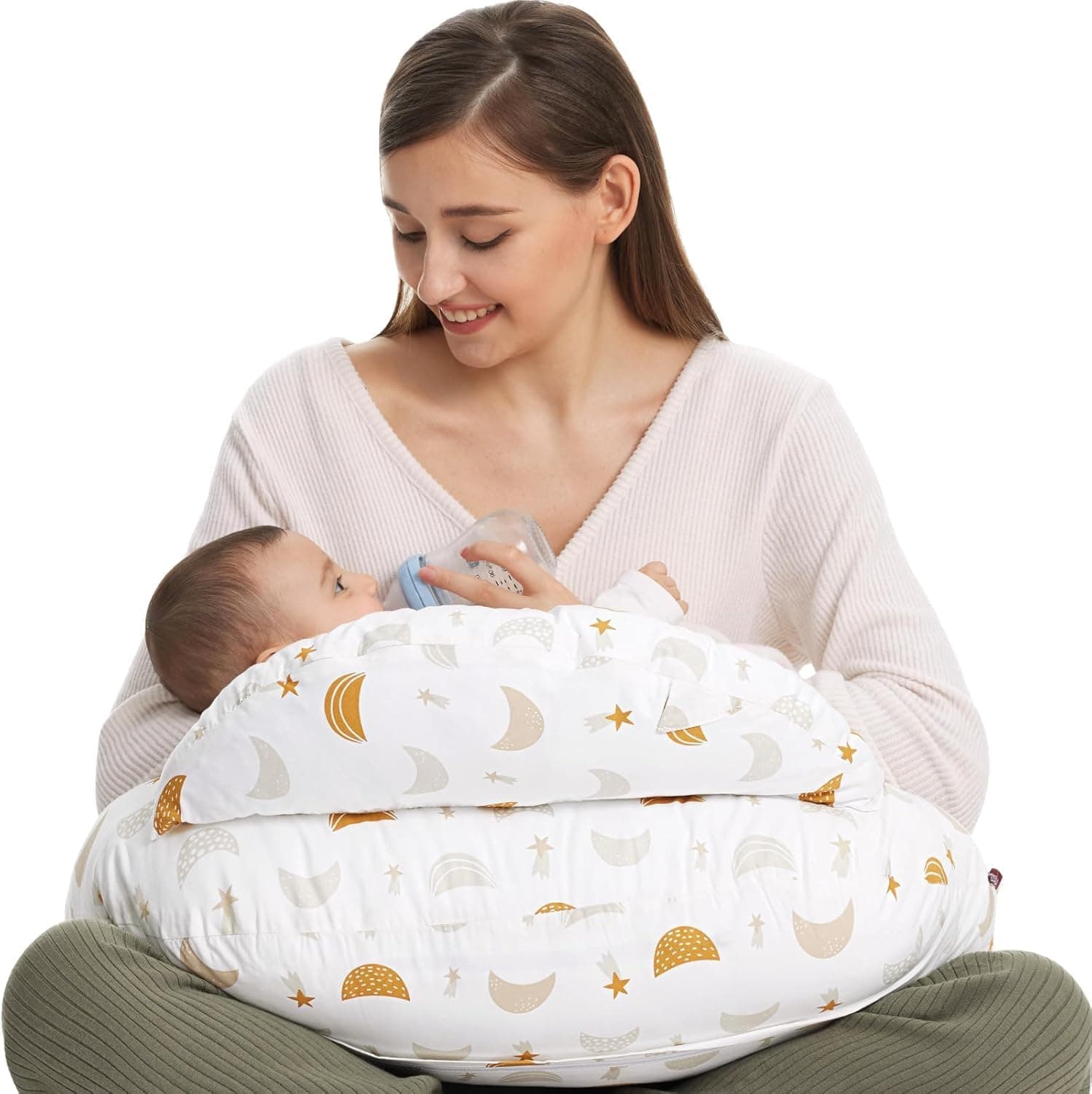 momcozy Cojín de Lactancia Grande con Borde de Seguridad, Cojín Ergonómico para Lactancia y Apoyo, con Correa Ajustable y Funda de Algodón Desmontable, Estrellas y Luna