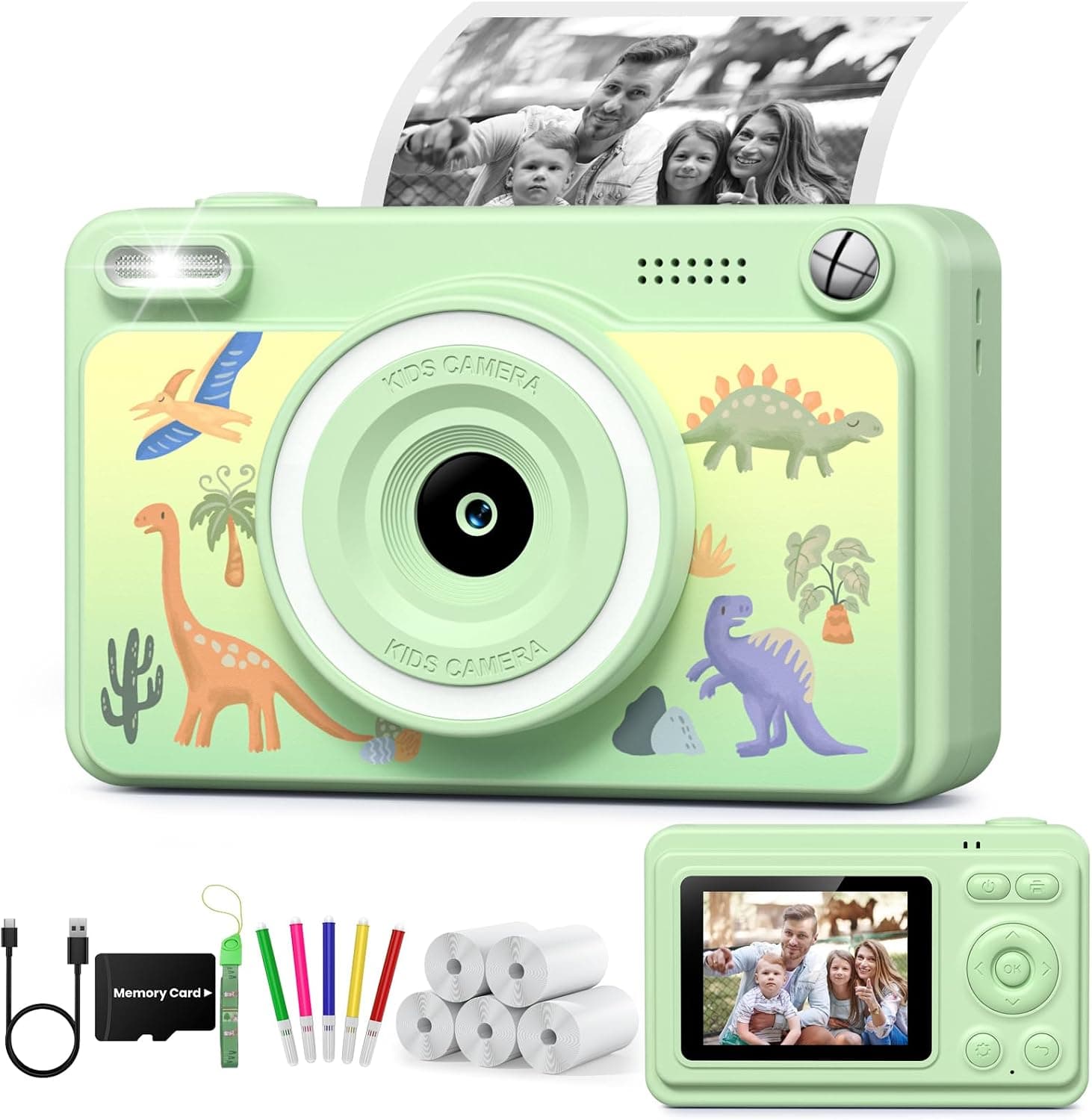 GREENKINDER Camara Fotos Infantil Instantanea,HD/1080P Cámara Instantánea para Niños con Tarjeta y 5 Rollos de Papel Térmico, Regalo de Cumpleaños y Navidad para Niños de 3 a 12
