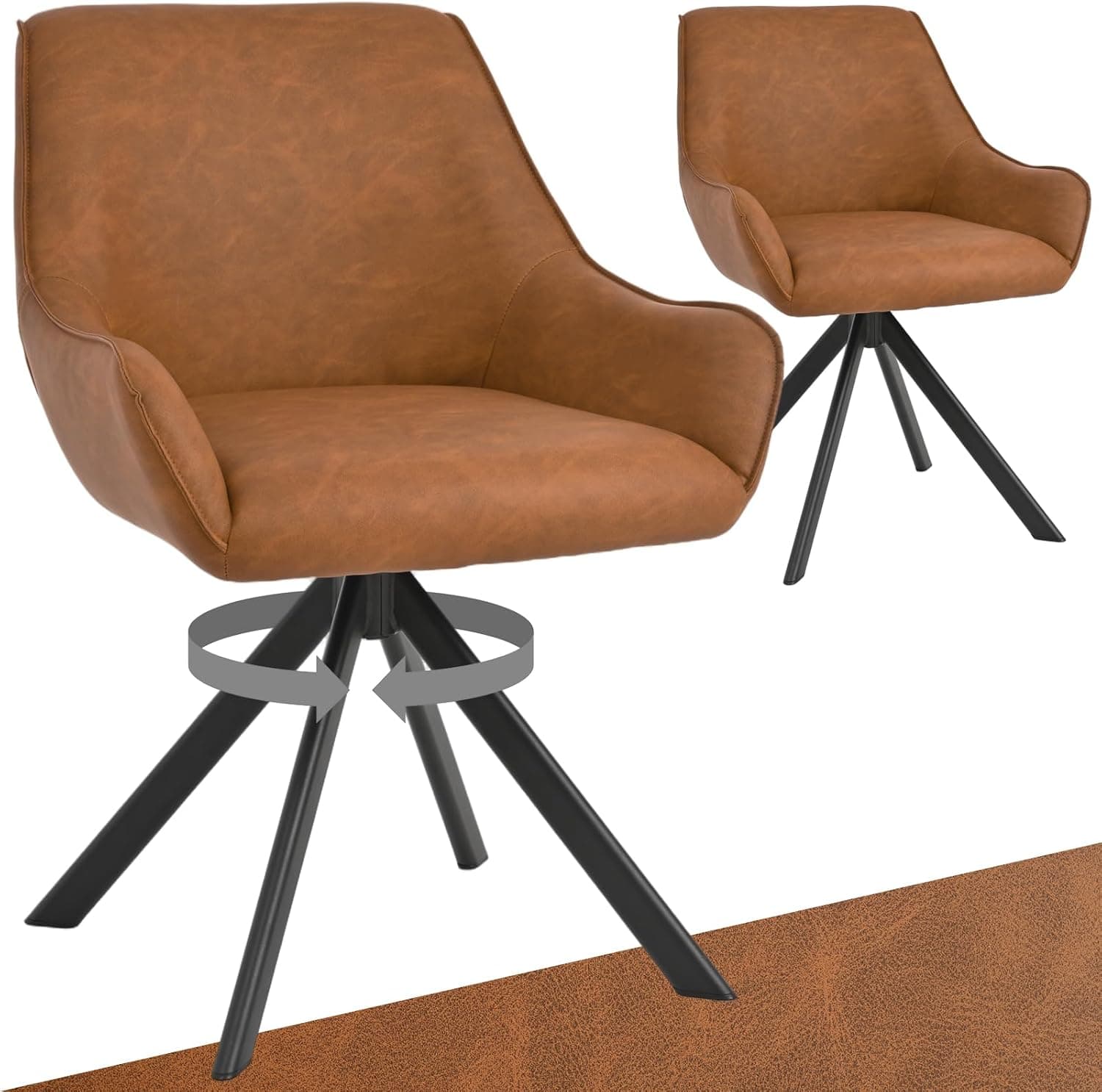 Juego de 2 sillas de comedor giratorias con reposabrazos, giratorias 360°, tapizadas de piel sintética con estructura metálica y respaldo para comedor, salón, oficina, color marrón
