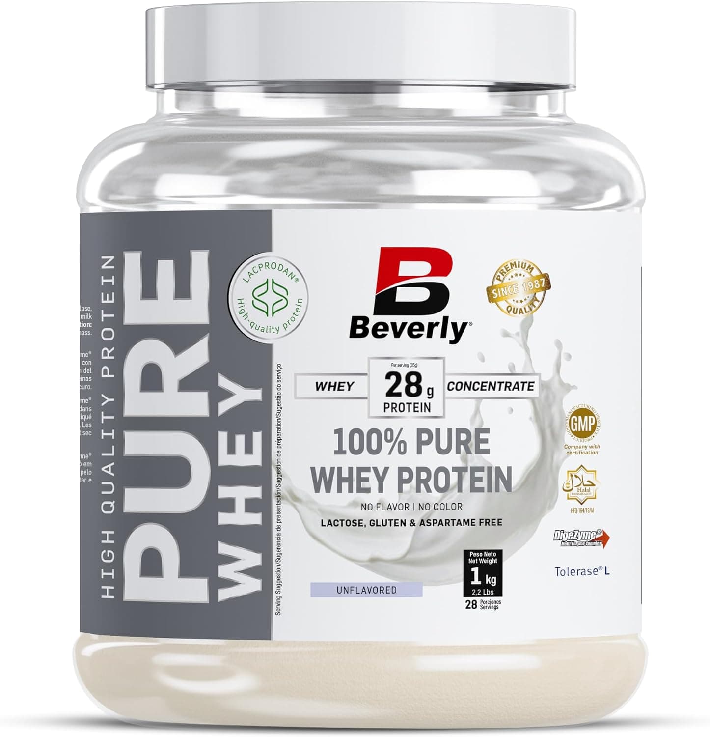 Beverly PURE WHEY | Concentrado Puro de Proteína de Suero Premim | Sin Aromas ni Colorantes | 1 Kg | 28 g de proteína por ración | 28 servicios | Con Digezyme y Tolerase