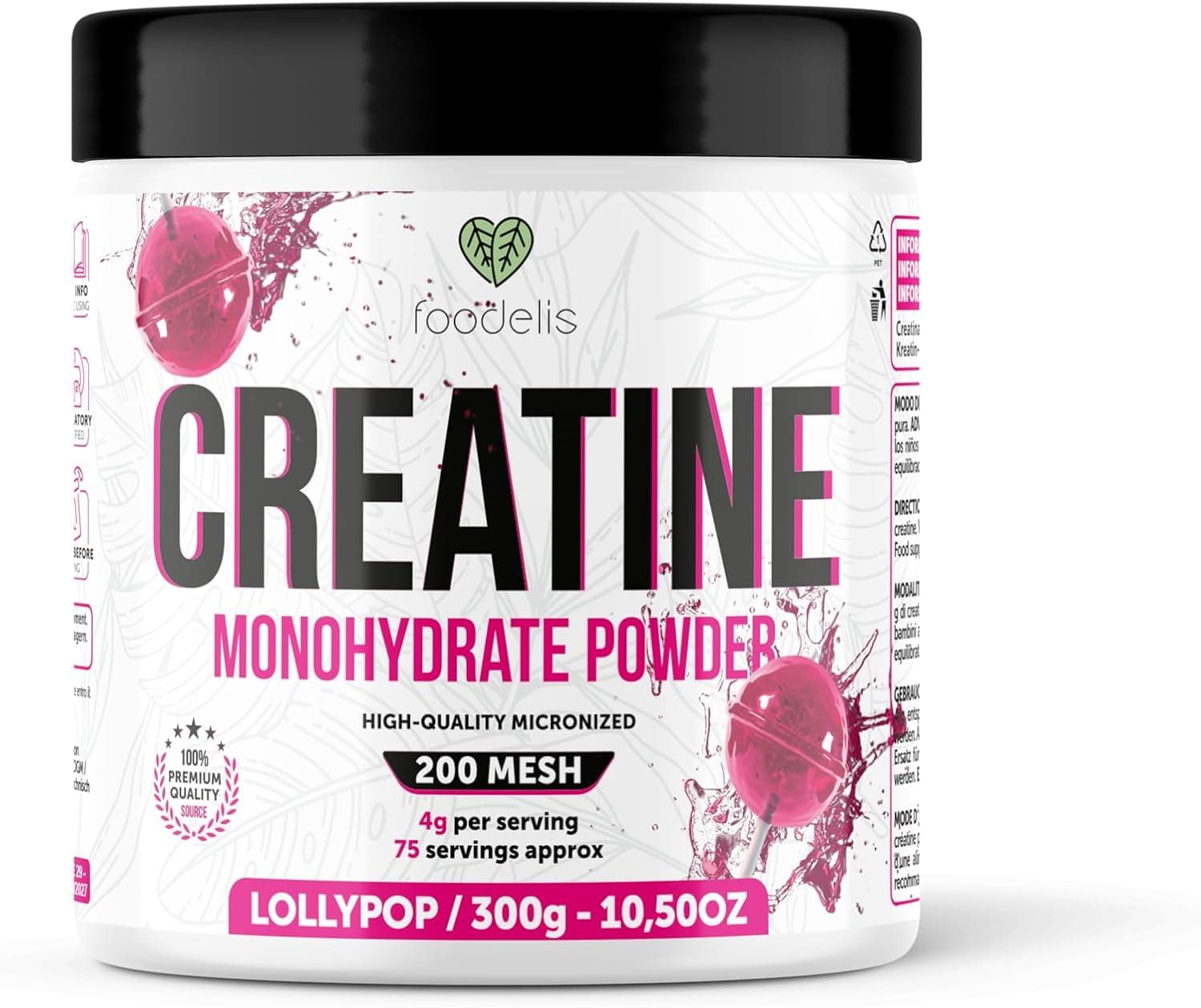 Foodelis Creatina Monohidratada en Polvo 300 g – Sabor Lollipop – 100% Creatina Micronizada – Alta Pureza – Sin Aditivos – Vegana – Alta Solubilidad – Incluye Dosificador