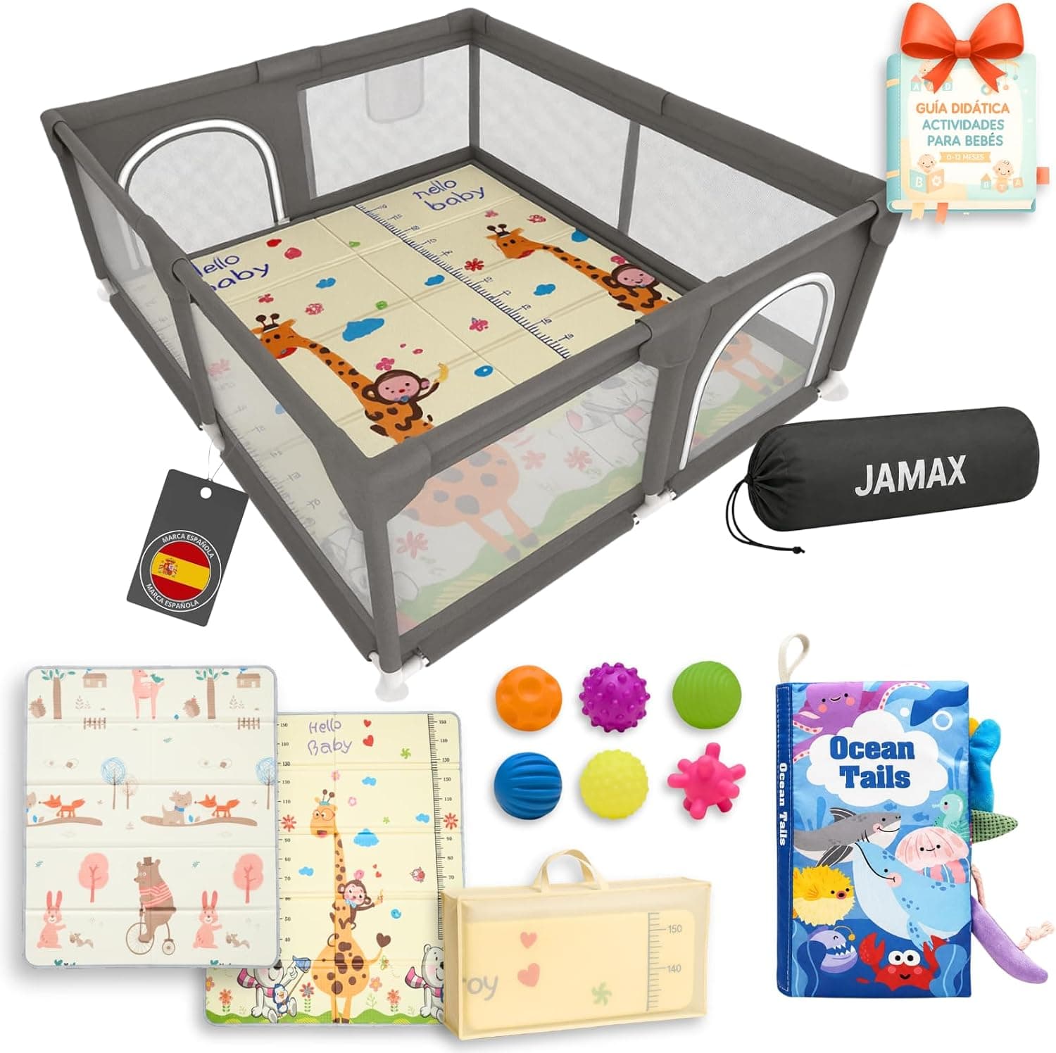 JAMAX Parque Infantil Bebe | Corralito bebe | Parque bebe Alfombra Acolchada Reversible 1,5 cm de Grosor + 6 Pelotas Sensoriales +Libro Sensorial + Bolsa transporte (150x180)