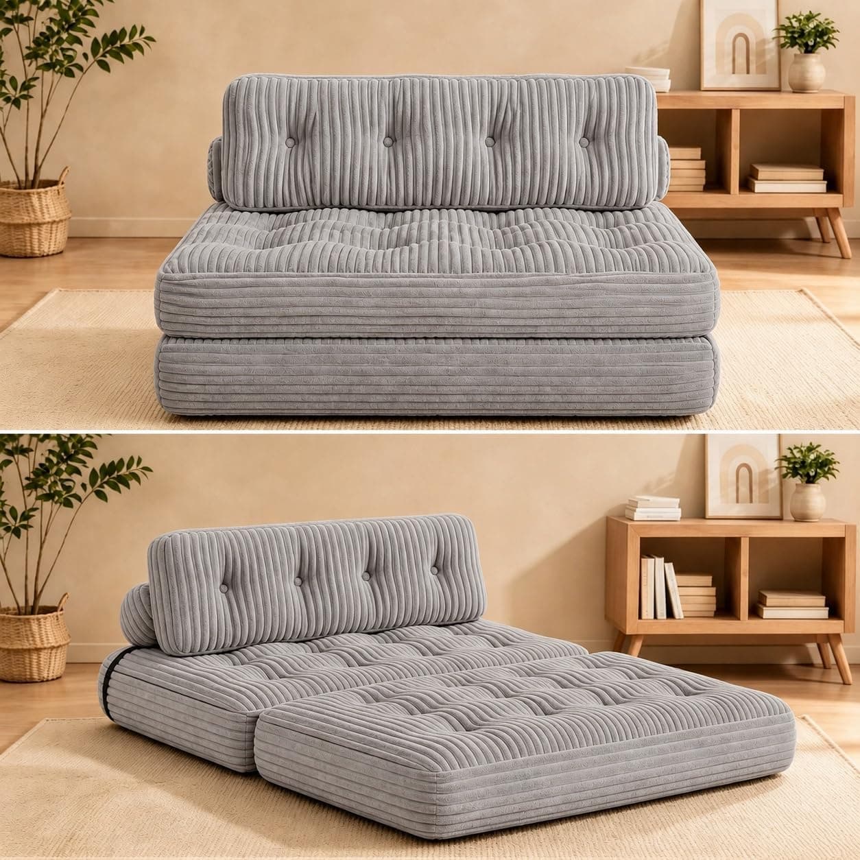 Xbro Sofá Cama Plegable 2 Plazas, Sofá Convertible en Cama Sin Montaje, para Huéspedes y Espacios Pequeños, Tela de Pana con Relleno de Espuma, 180×130 cm (Gris Claro)