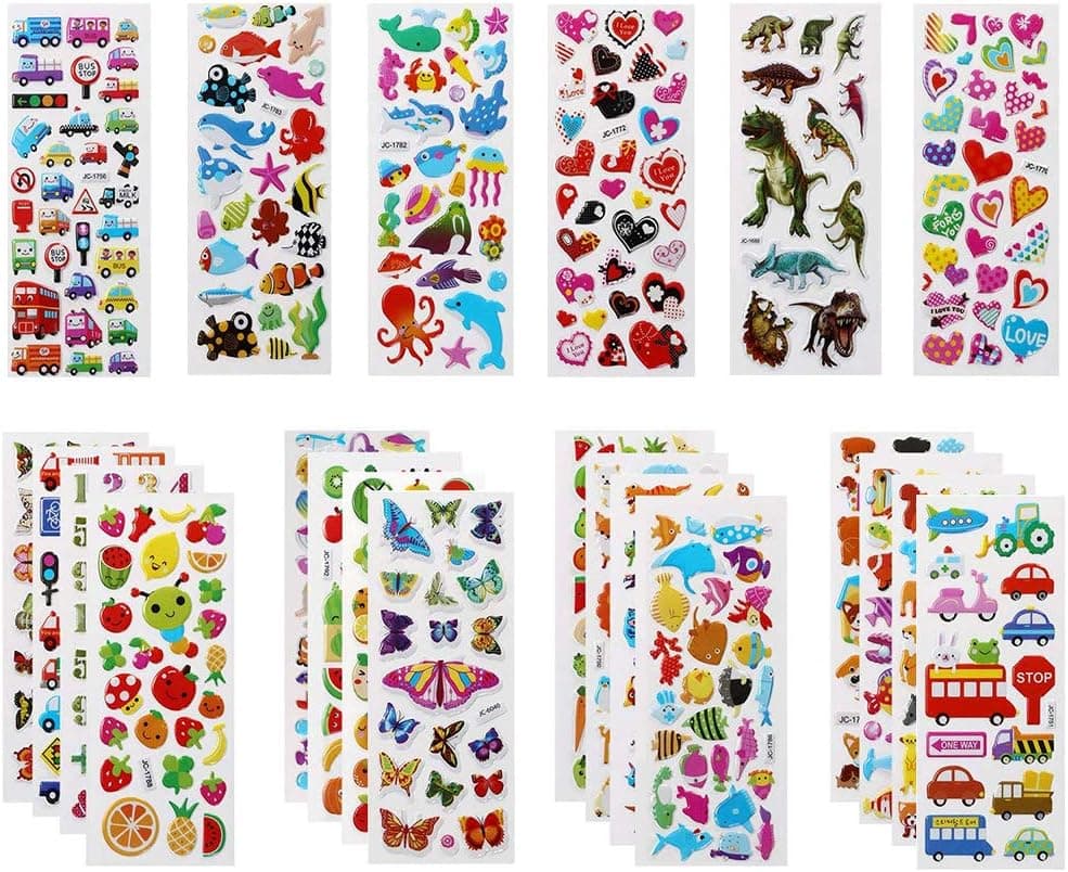 Vicloon Pegatinas para Niños 500+, 22 Hojas Diferentes Pegatinas 3D, Stickers para Niños Mayores de 3 Años para Scrapbooking, Incluye Animales, Peces, Dinosaurios, Números, Frutas, Aviones y Más