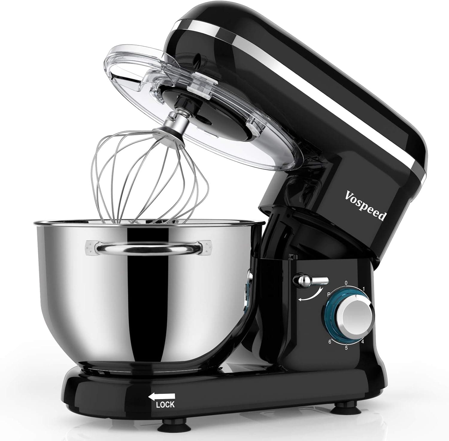 Batidora Amasadora Vospeed 1500W, Amasadora de Pan Para Repostería 6.2 L, Bol de Acero Inoxidable, Varillas Batidoras, Varillas Amasadoras (negro)