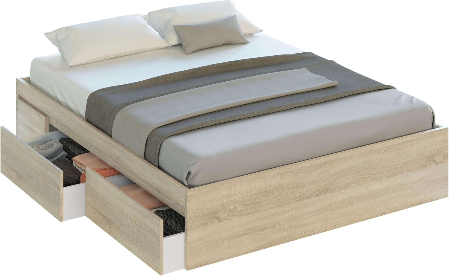 Habitdesign Estructura de Cama con 4 Cajones, 156x196x37 (AnchoxFondoxAlto-en cm), Estructura de Cama Doble Color Roble, Modelo Kendra (Sin Somier)