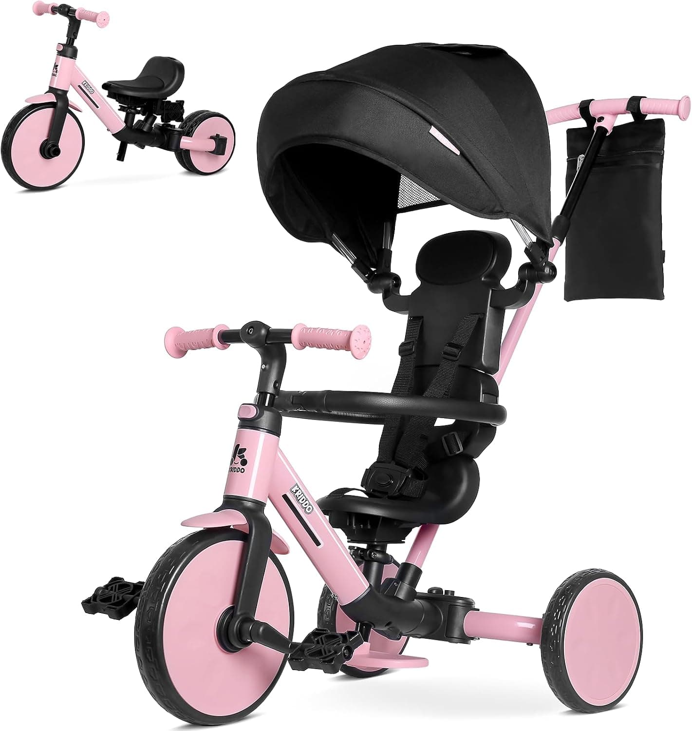 KRIDDO Triciclo Evolutivo 8 en 1 para Niños de 18 Meses a 5 Años, con Barra de Empuje, Triciclo y Bicicleta con o sin Pedales, Arnés de 5 Puntos Mejorado, Capota Plegable y Bolsa, Rosa
