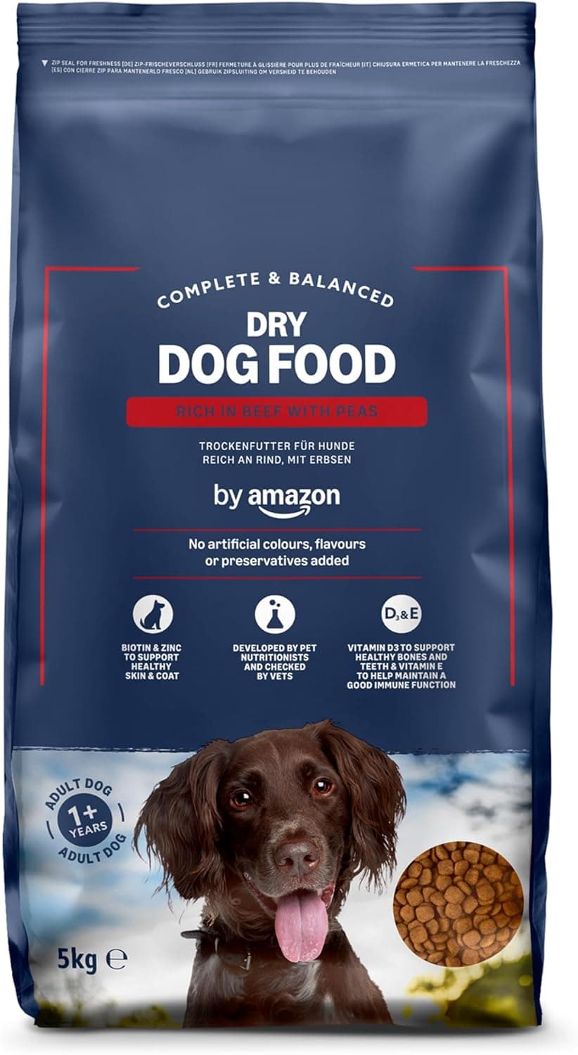 by Amazon - Alimento seco Completo para Perro Adulto Rico en Vacuno con Guisantes, 5kg, Paquete de 1