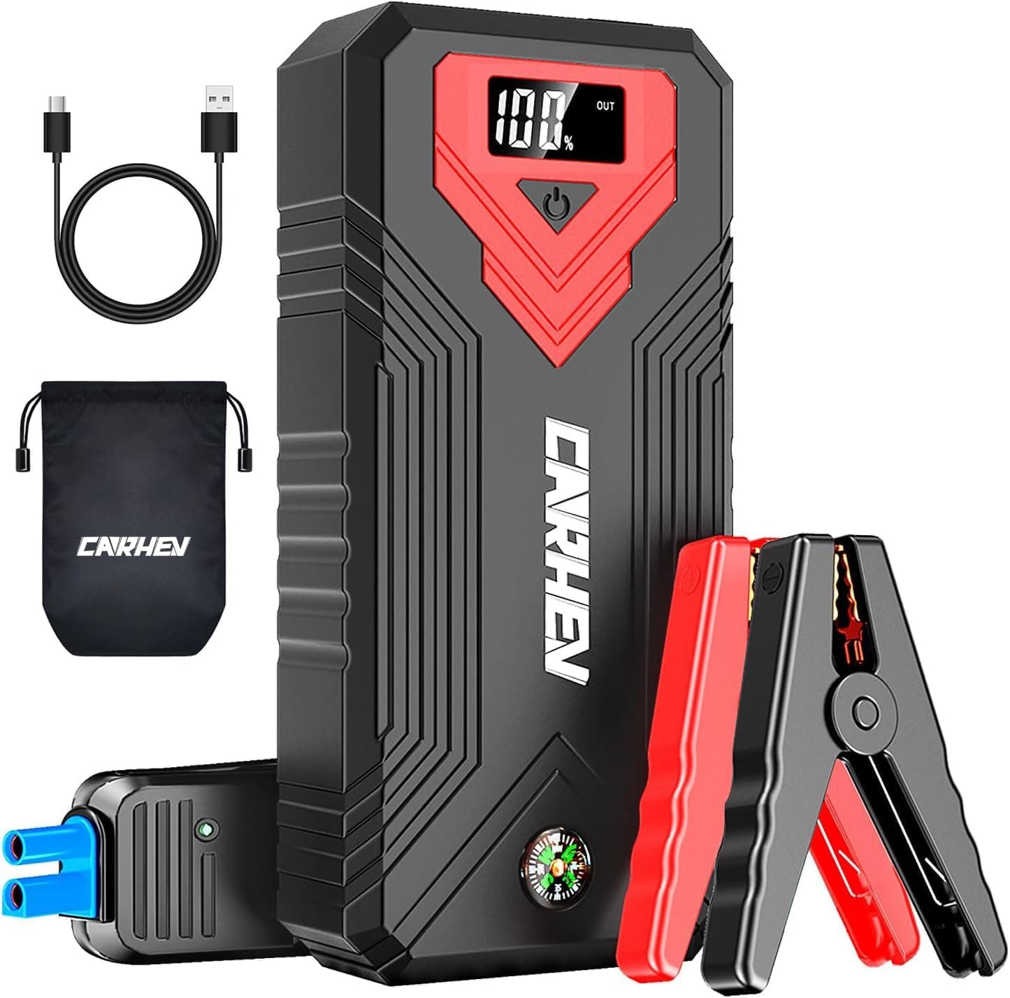 CARHEV Arrancador de Coches 4000A, 12V Arrancador de Baterias de Coche Portátil (hasta 8,0L de Gas o 8,0L de Diésel), Car Jump Starter con Linterna LED y Pinzas bateria Coches