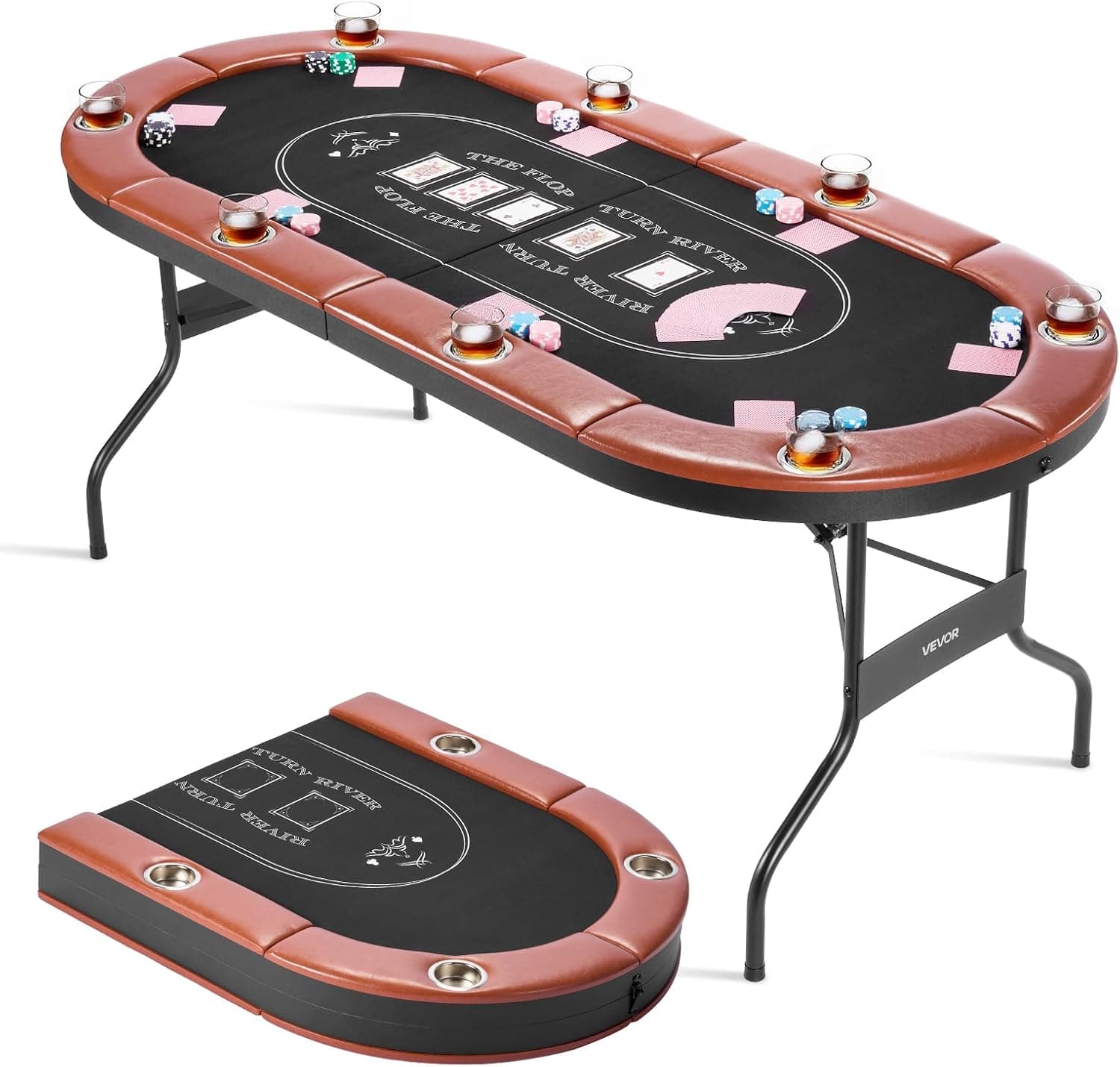 VEVOR Mesa de Póker Plegable de Casino, para 8 Jugadores con Rieles Acolchados y Portavasos, Portátiles Ovaladas, con Patas de Fieltro y Metal, para Texas Hold'em y Blackjack, 1830 x 820 x 720 mm