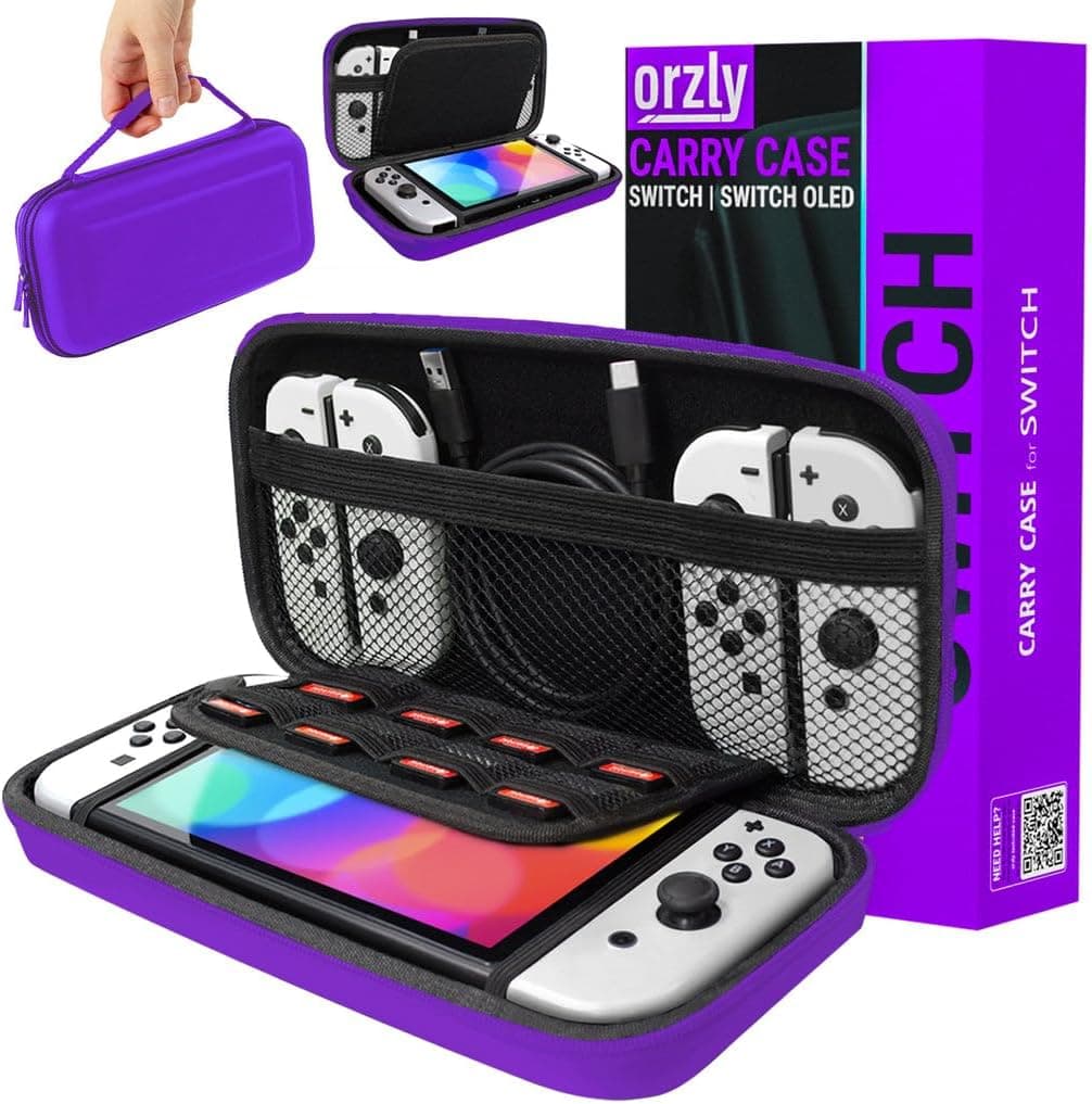 Orzly Estuche de Transporte Compatible con Switch y New Switch OLED Console - Morado Estuche Protector Duro portátil de Viaje Estuche con Bols