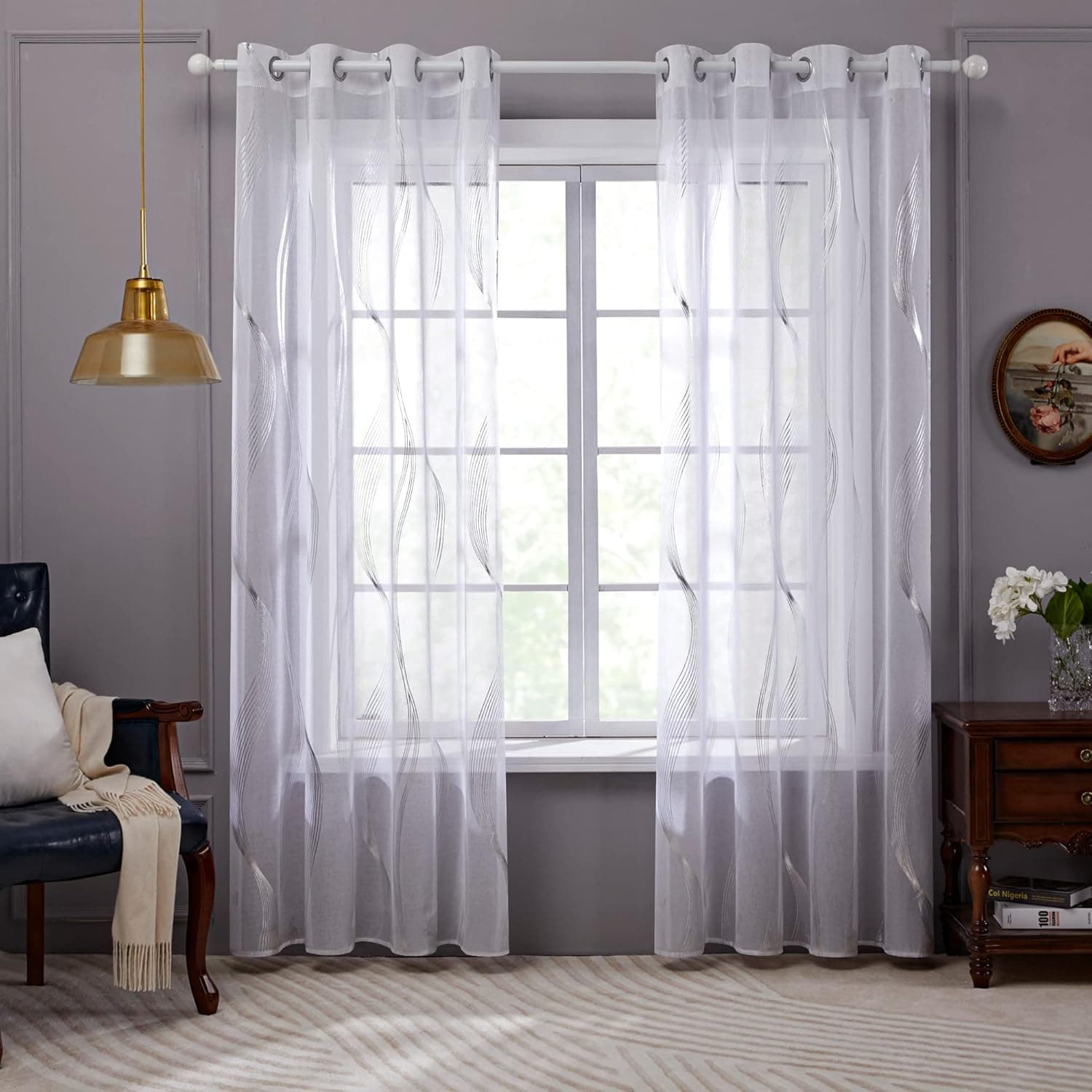 Deconovo Cortinas Dormitorio Blancas con Motivos Plateados para Habiatcion Infantil Translucidas 2 Piezas 140x145cm Blanco-Ola
