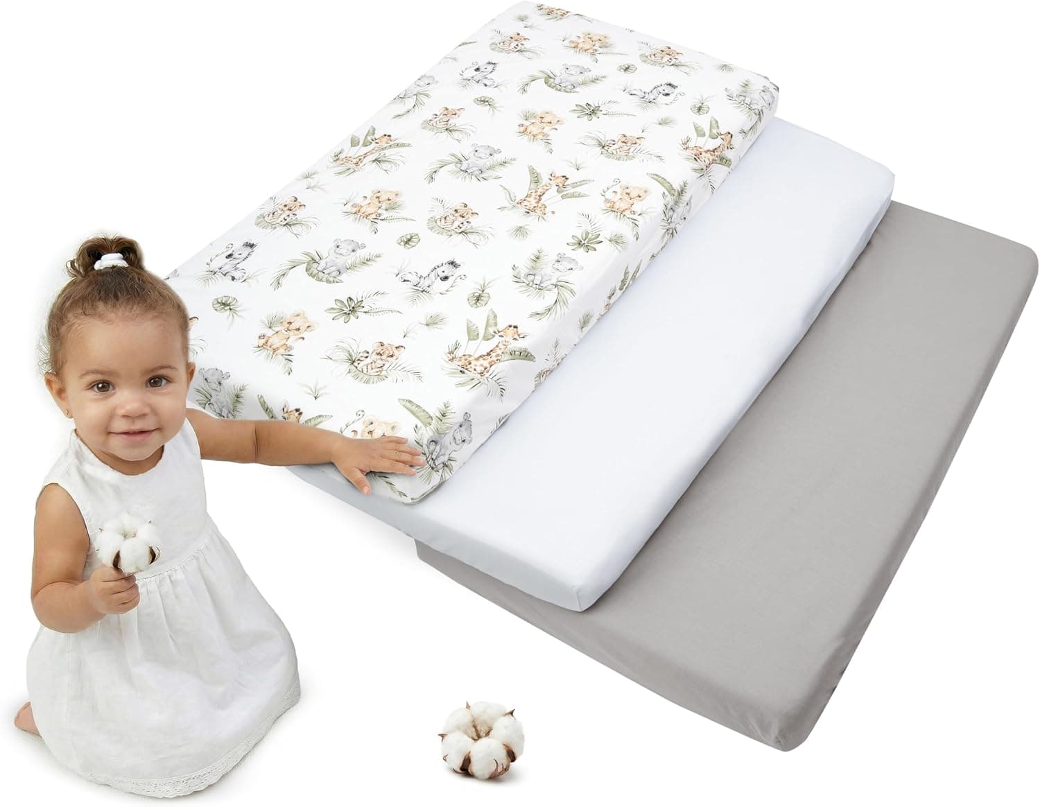 Medi Partners Sabana Bajera Cuna 60x120 Set de 3-100% Algodon Sabanas de Algodón Bebe Ropa de Cama para Bebés Dormir Cuna Fitted Bed Sheet Protector (Safari-Blanco-Gris)