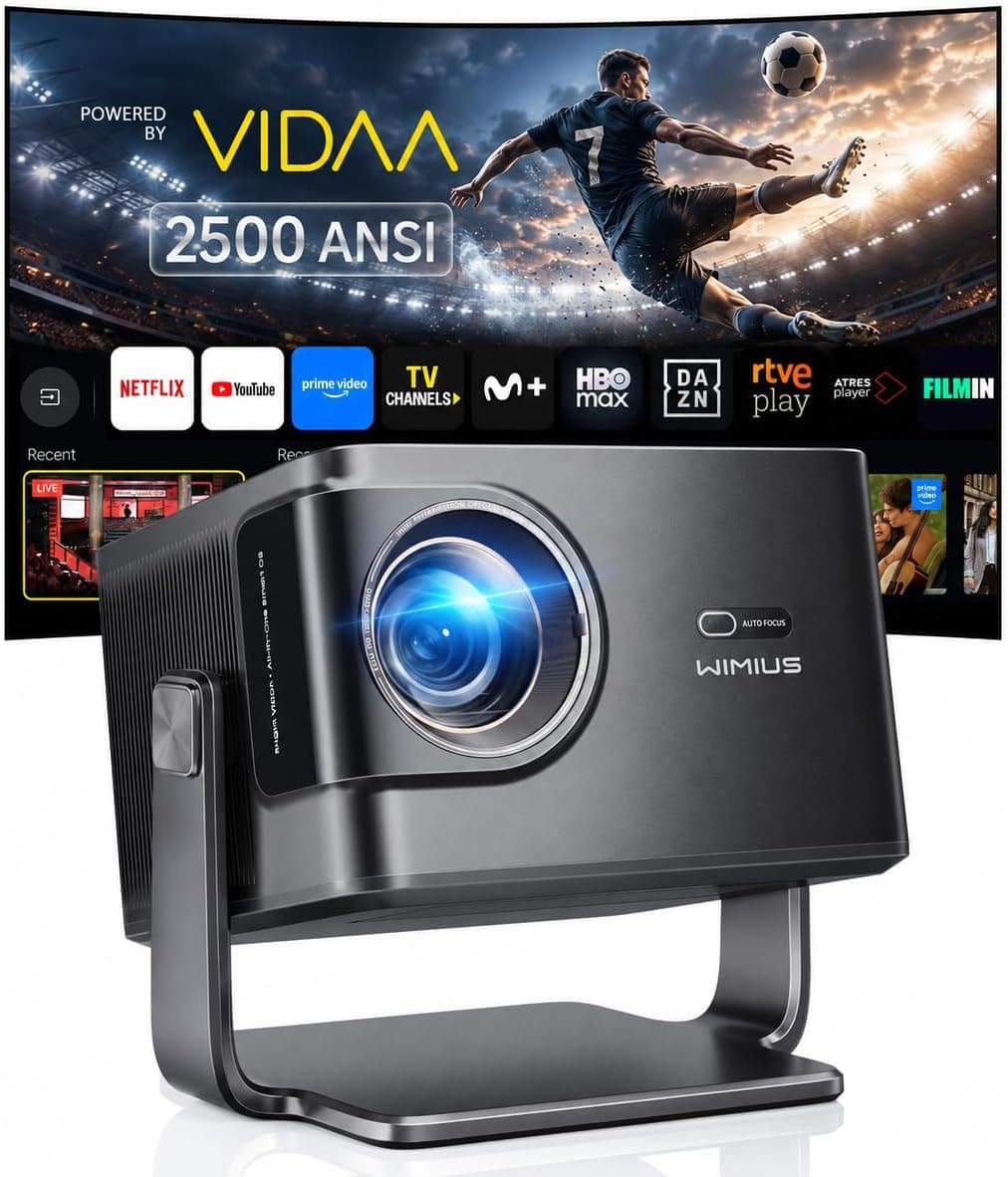Proyector 4K | 2500 ANSI Ultra Brillante | VIDAA OS Rápido y Fluido | Dolby Audio 56W | Proyector Exterior para Cine Jardín, FHD 1080P Nativo, Enfoque Automático IA, HDMI 2.1, HDR10, Cine en Casa