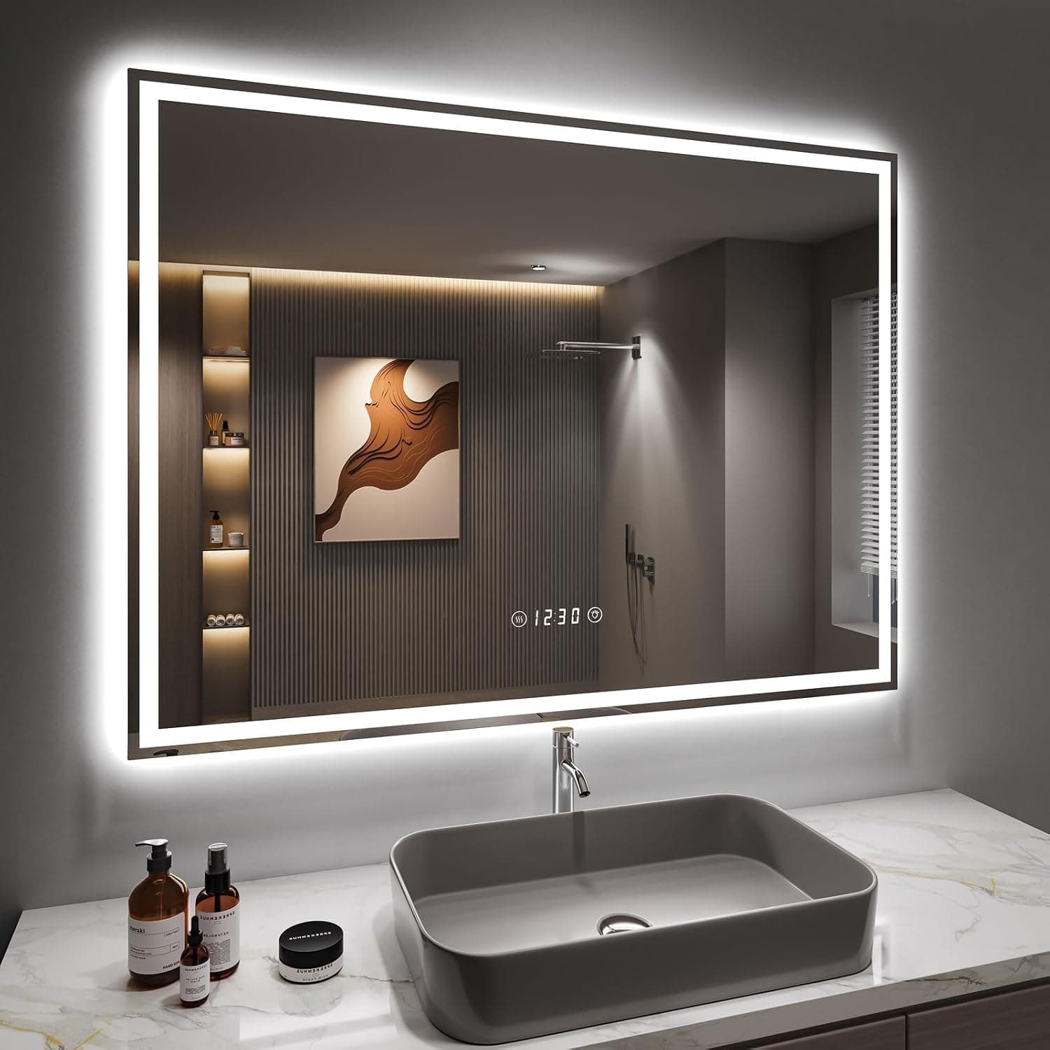 Dripex Espejo de Baño con Luz LED 60 x 80 cm, Antivaho, Dimmable, 3 Colores de Luz, Interruptor Táctil, con Reloj y Enchufe Bipolar