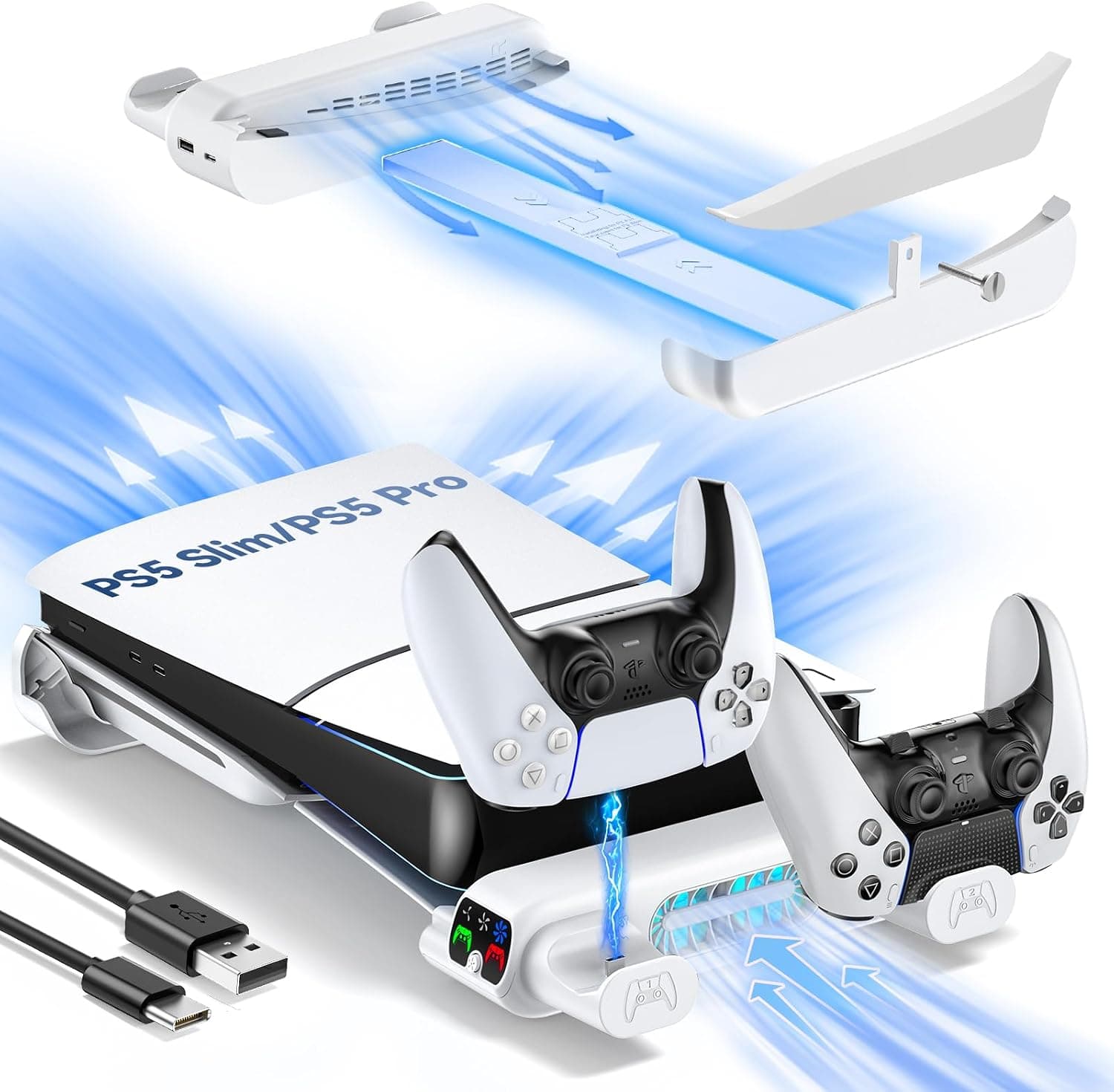 Tokluck Soporte Horizontal para PS5 Pro/Slim Disc y Digital, Soporte de Refrigeración para PS5 con Cargador para Playstion 5, Suporte Horizontal para PS5 Slim y Pro (No Apto con 2020 PS5 Normal)