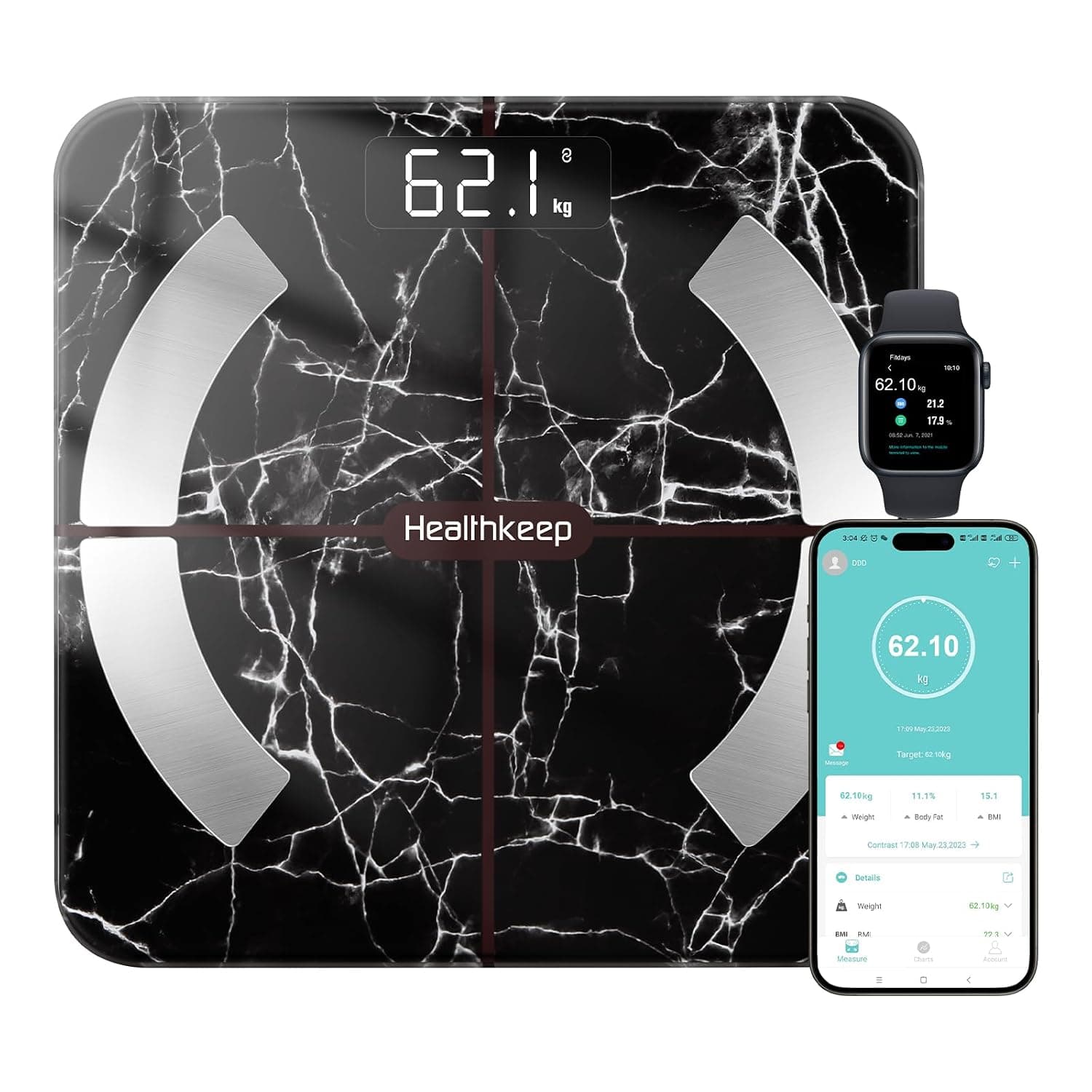Bascula de Baño Bascula grasa corporal y muscular, Healthkeep Báscula de Baño con App (Marble black)
