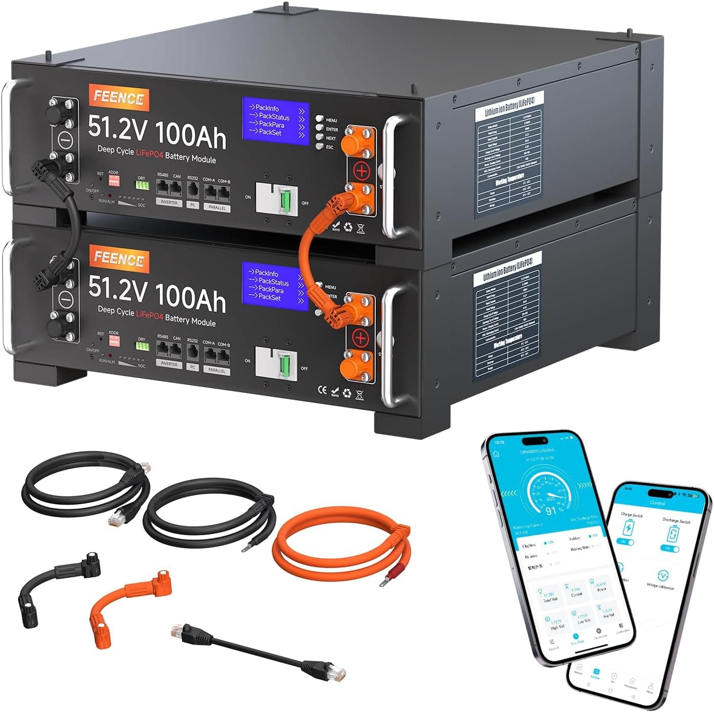 Pack de 2 baterías de 48V 100Ah LiFePO4 de litio, 10,24KWh 48V batería de litio para gabinete de servidor solar, con BMS Bluetooth de 100A para sistema solar completo, instalación fotovoltaica