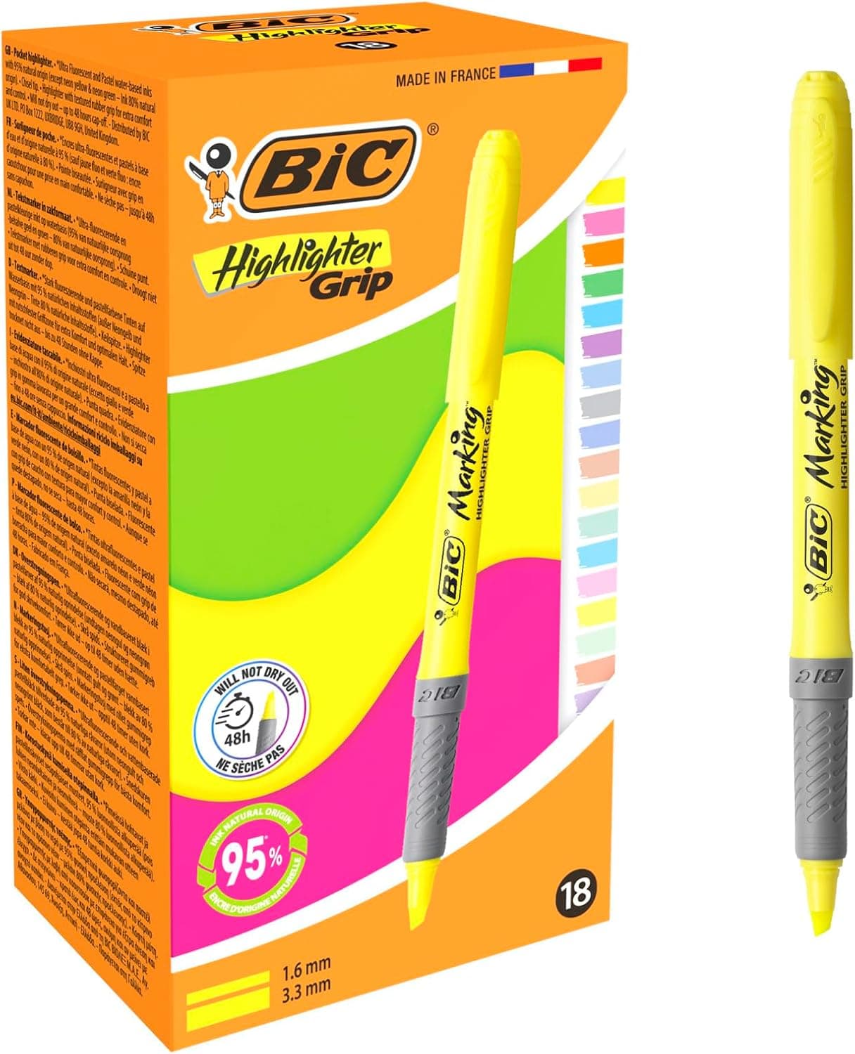 BIC Highlighter Grip Neon/Pastel Subrayadores de Punta Biselada - Colores Surtidos, Caja de 18