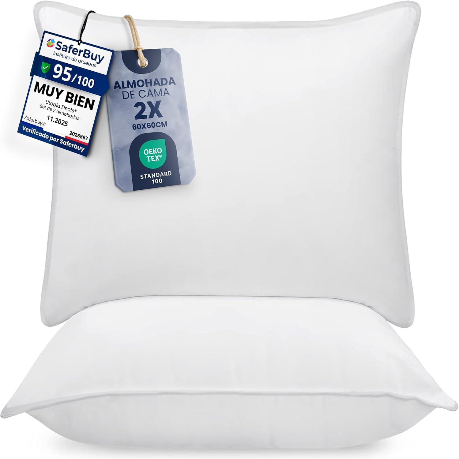 Utopia Bedding Almohada 60x60 cm Pack de 2, Fibra Hueca, Blanco