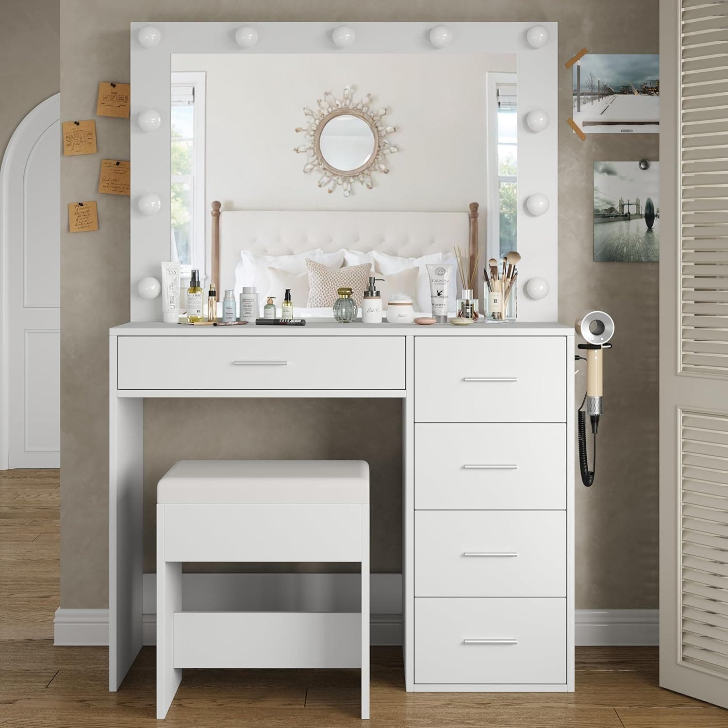 FUSOU Tocador con iluminación, tocador con Espejo, 94 cm, 11 Luces LED, 3 Modos de iluminación, 5 cajones, Mesa cosmética con Silla para Dormitorio, vestidor, Estudio, Blanco