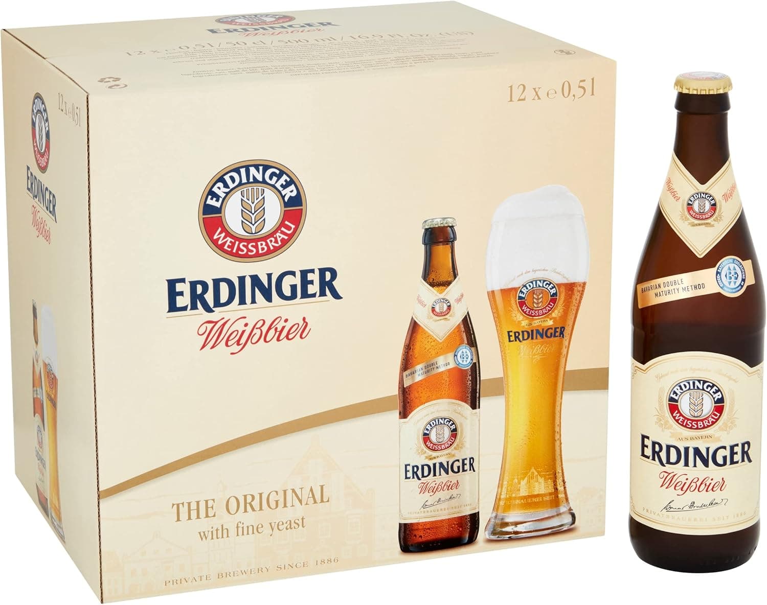 Erdinger Weissbier - Cerveza de trigo, Pack de 12 botellas de 50cl, Aromas especiados de malta con un suave amargor lupulado, 5,3% de alcohol