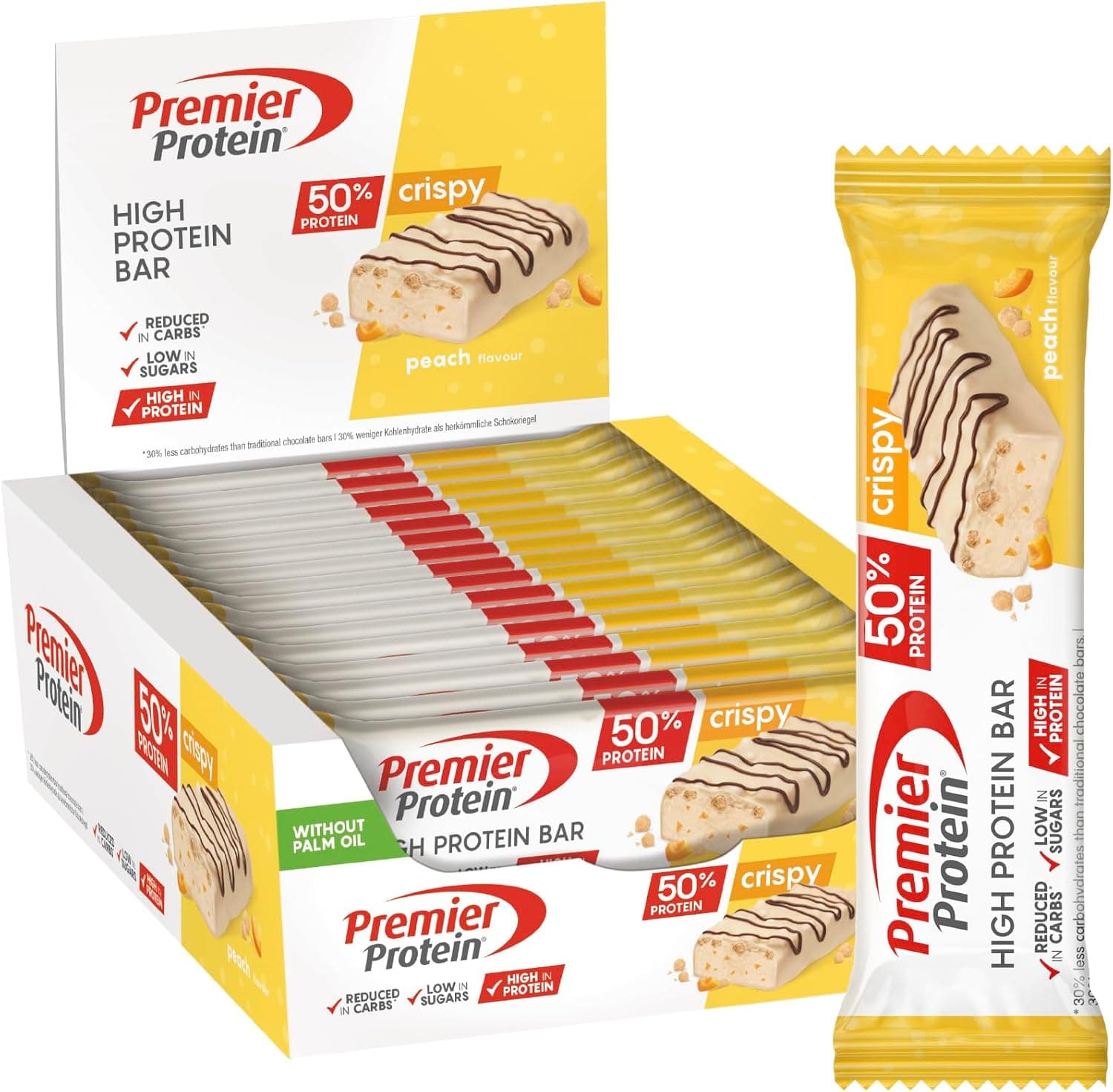 Premier Protein High Protein Bar Crispy Peach 16x40g - High Protein Low Sugar Riegel + Palmölfrei